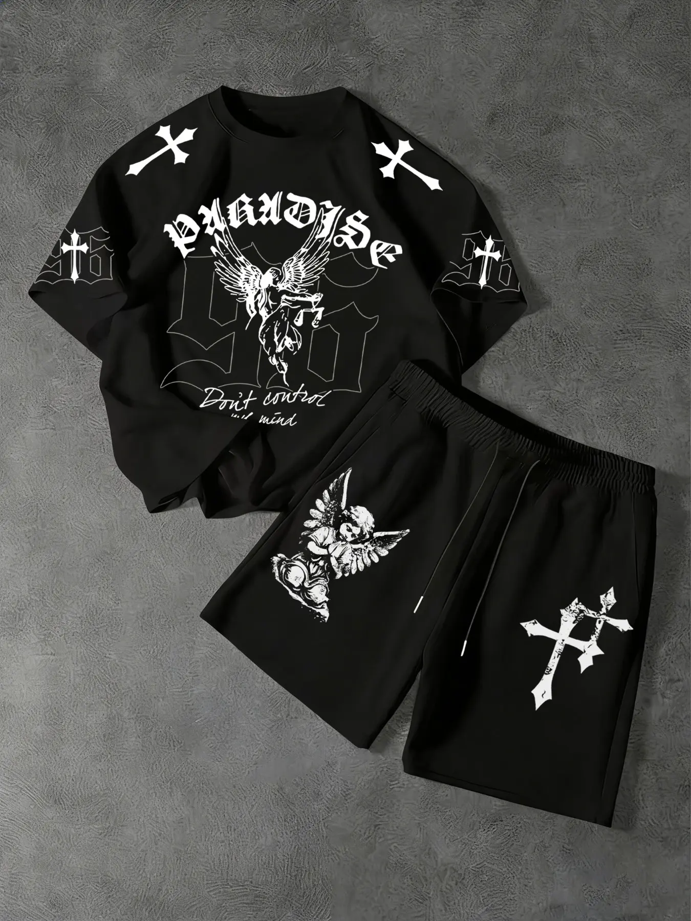 Men's Two-Piece Fashion Casual Set, Gothic Letters & Angel Wings Print, Round Neck Short Sleeve T-Shirt and Drawstring Shorts, Summer Streetwear