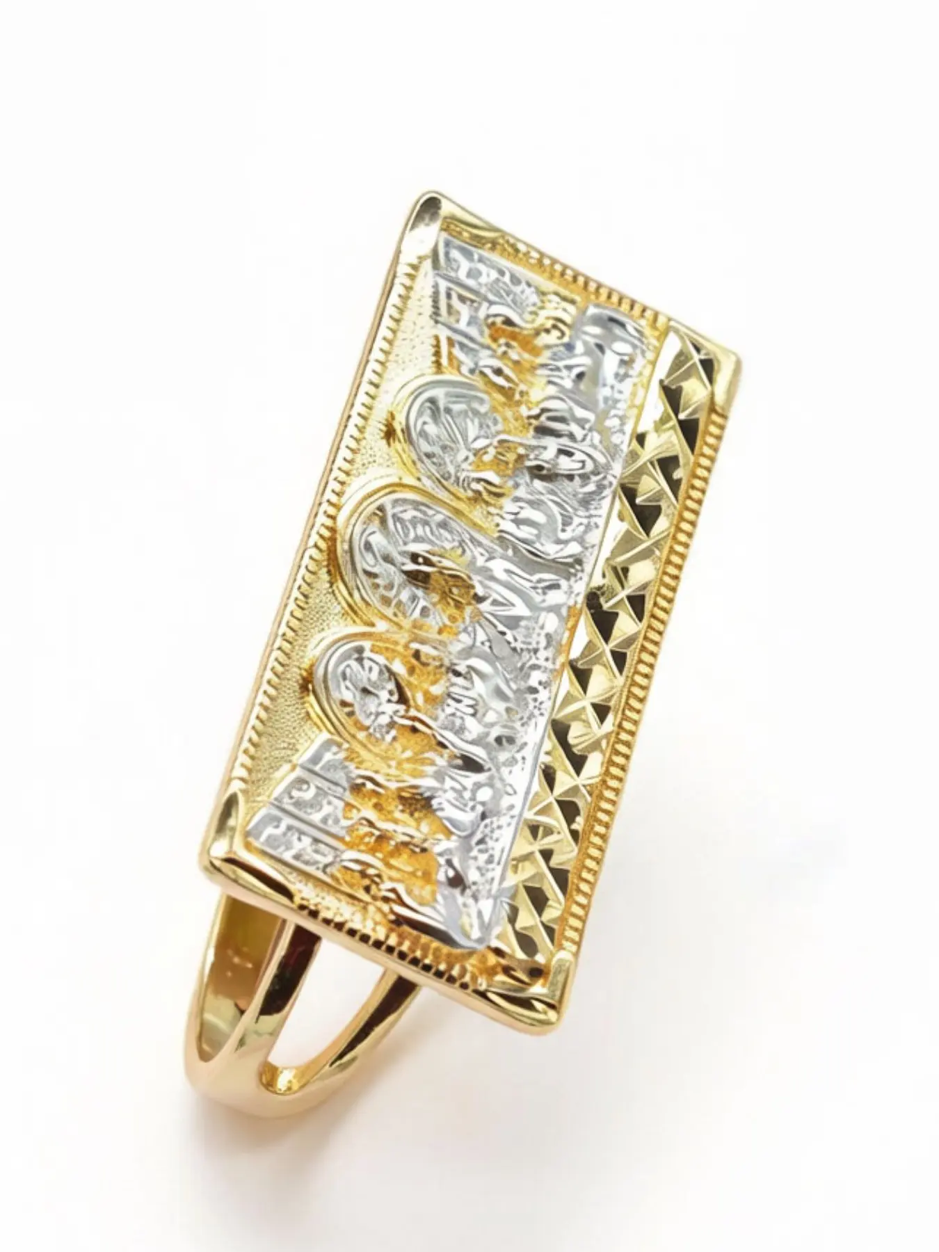 1pc 14k Gold-Plated European and American Retro Court Style Two-Color Square Last Supper Relief Nugget Religious Two-Finger Ring,  Unisex Personality Ring, Valentine's Day Gift, Geometric Design Ring, Trendy Streetwear Accessory, Statement Ring