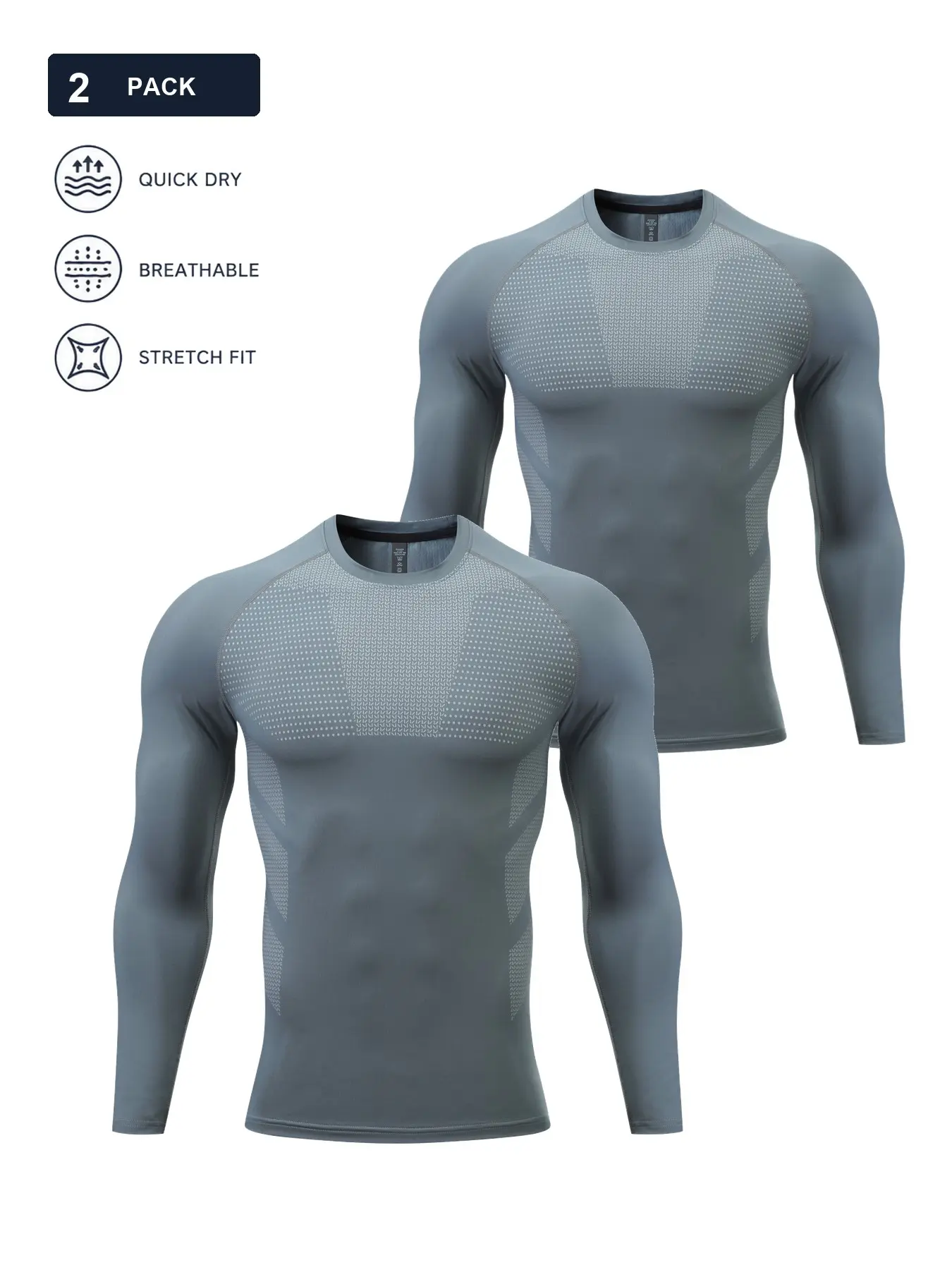 2-Pack Men’s Compression Shirts, Dark Gray Long Sleeve Quick-Dry Moisture-Wicking Stretch Workout Base Layer Tops with Body-Mapped Gradient Dot Print for Gym, Running, Football and Training