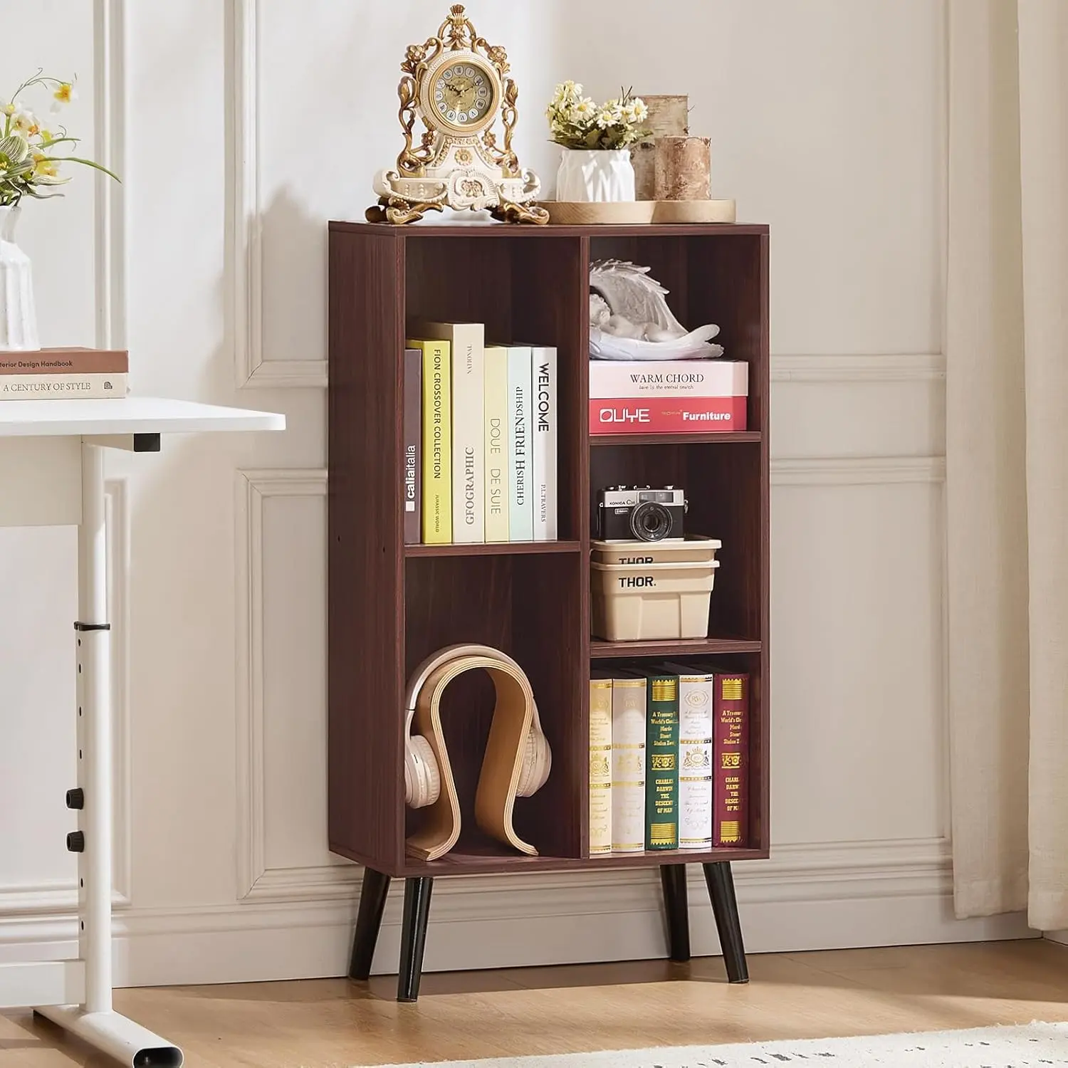 Wooden Freestanding Single Unit 5-Cube 3-Tier Kids Bookcase with Legs, Mint Walnut Cute Storage Organizer, Open Toy Display Shelves for Bedroom, Nursery
