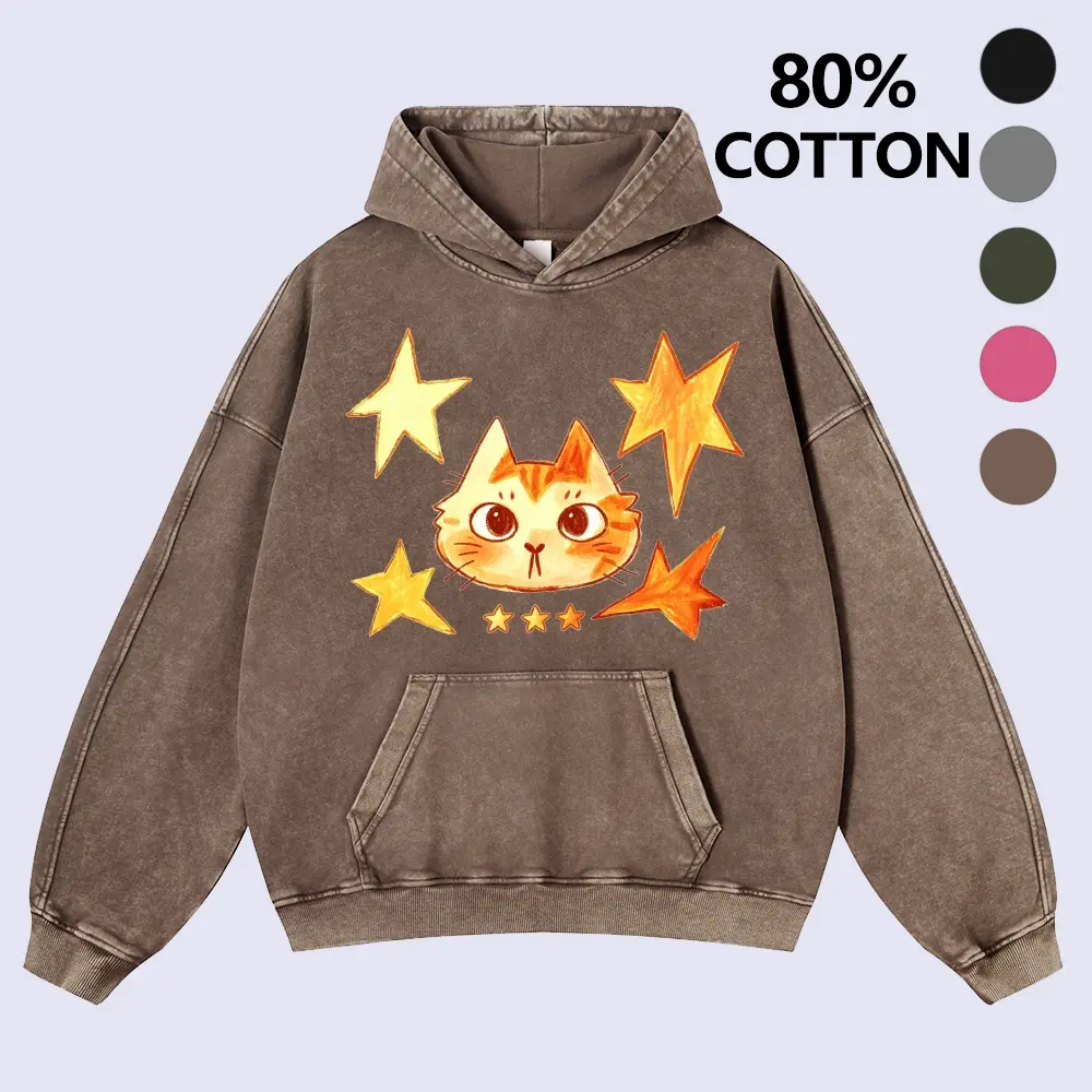 Hand Drawn Orange Tabby Cat Head With Stars Y2K Front Print Vintage Washed Oversized Hoodie Crayon Style Cute Kitty Star Graphic 380g Autumn VIntage Washed Hoodie Graphic Sweatshirt