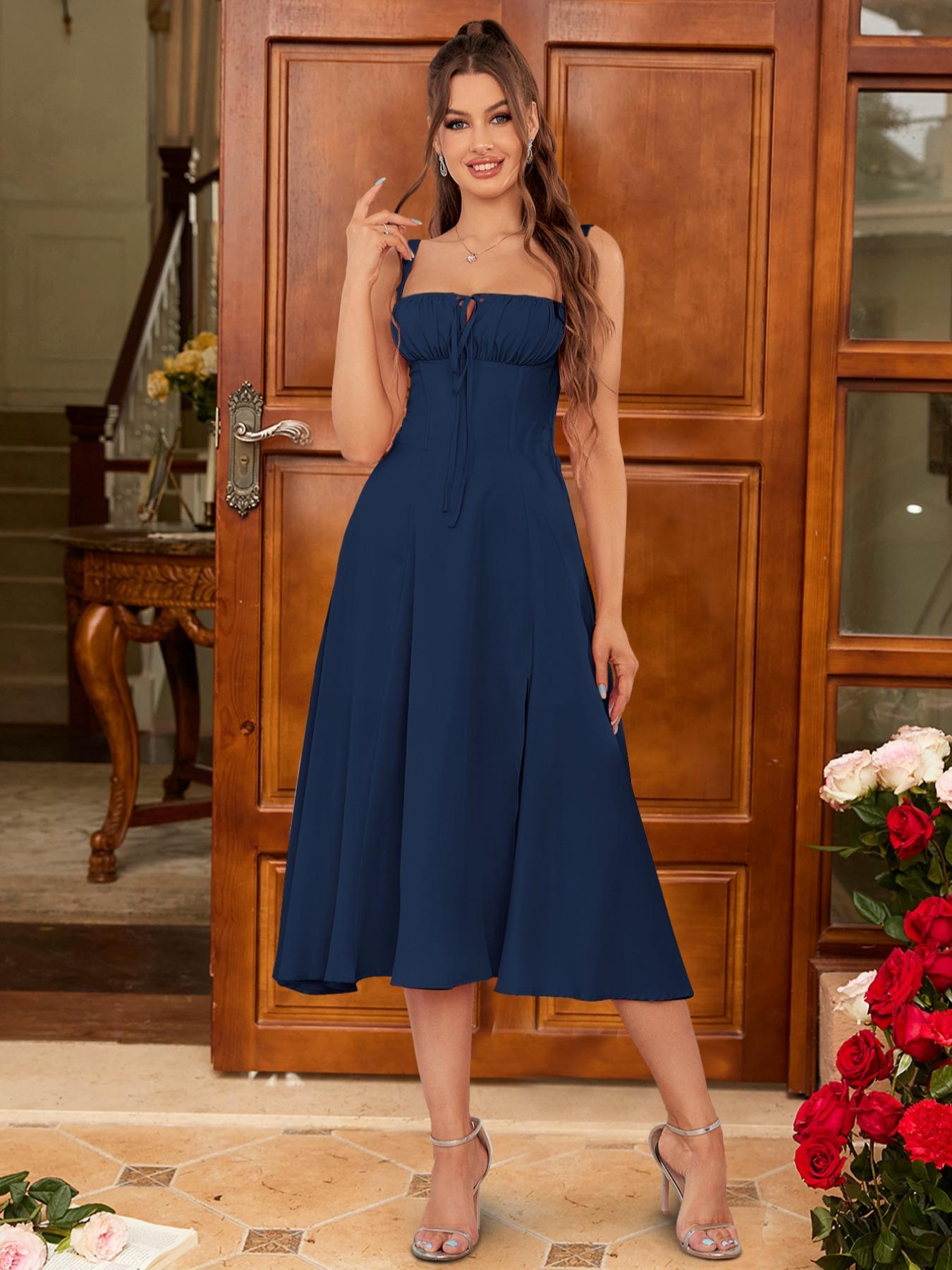 Women's Plain ＆ Floral Print Cami Dress, Elegant Sleeveless A Line Slit Dress for Party Holiday Wedding Guest, Ladies Summer Clothes, Dresses for Summer, Elegance, Chic, Womenswear, Wedding Guest Gown