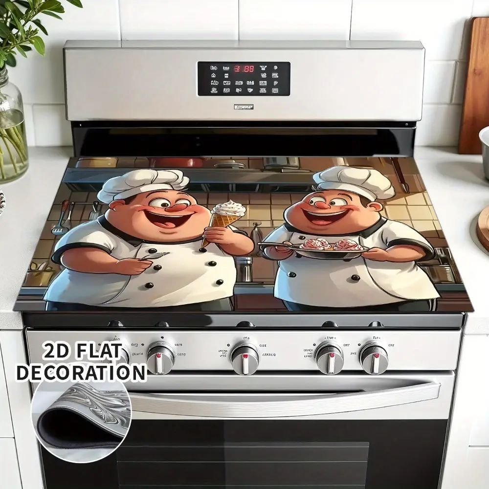 Chef character kitchen scene pattern design rubber stove protective cover - heat-resistant, anti slip, absorbent, easy to clean, oven mat, refrigerator mat, kitchen stove cover, suitable for surface protection of ovens, washing machines and appliances