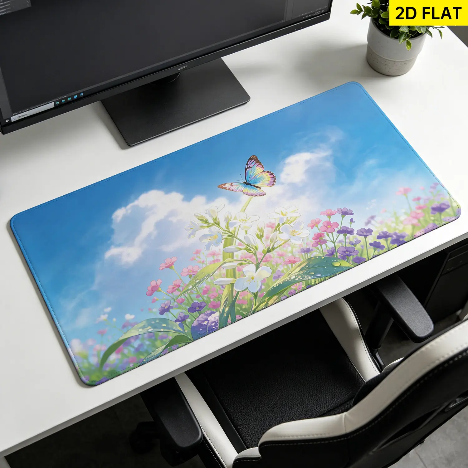 Butterfly Floral Mouse Pad, Extra Large 3D Banana Design High-Detail Meadow Print, Non-Slip Rubber Base, Multi-Size Rectangular, Stitched Lock Edges, Washable, Precision Control Desktop Pad for Office, Gaming Users, High Detail Print, 27.5*11.8 Inches(70X