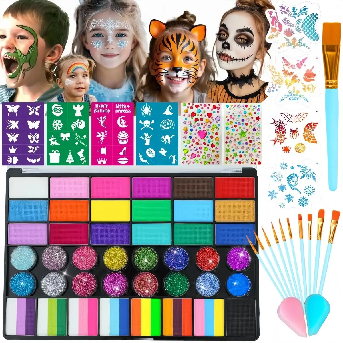New 42 Color Body Art Kit, Fluorescent & Jelly Glitter, Tattoo Stickers, Gemstones, Sponge, Brush, Finger Brush, Water-Soluble, Stage, Cosplay, Party, Face Paint