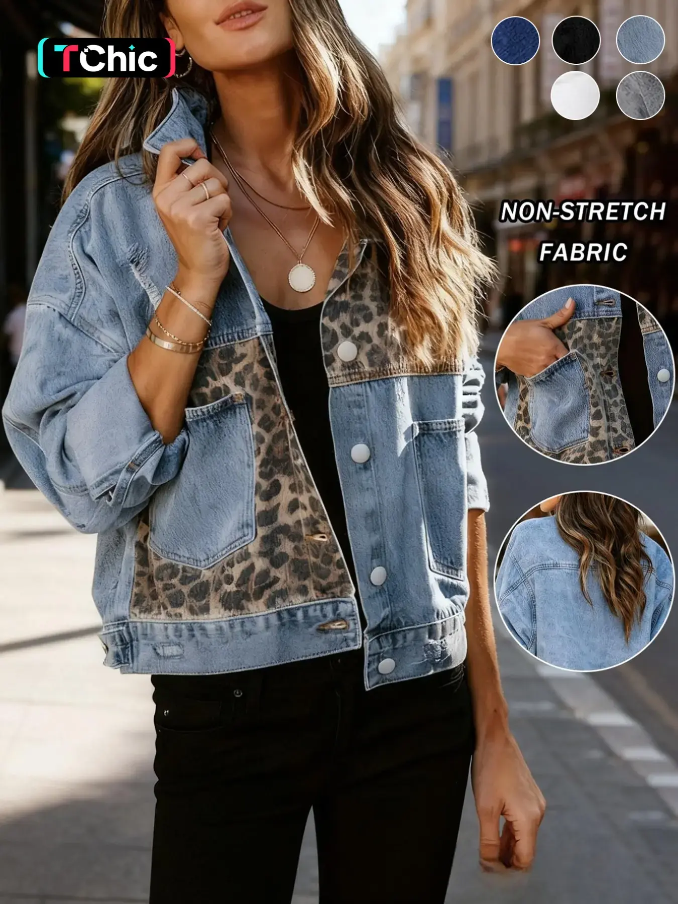 Women's Leopard Print Denim Jacket, Vintage Washed Loose Short Coat, Casual Long Sleeve Button Fly Top, Organic Cotton Outerwear