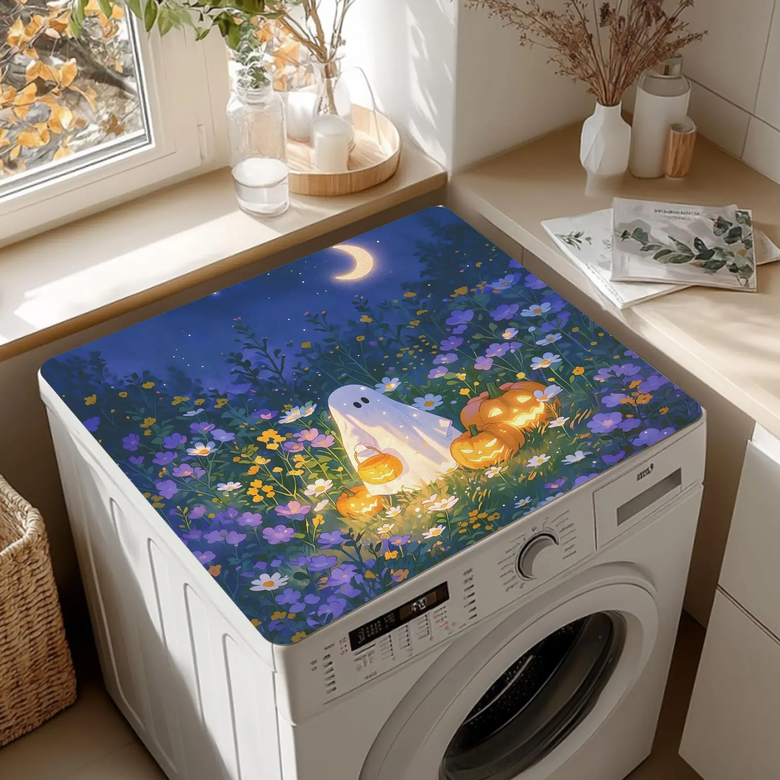 Washer Dryer Top Protector Mat, Halloween Ghost Pumpkin Rubber Non-Woven Dust Pad, 2 Sizes 23.6x19.7In /28x24In.Anti-Slip, Water Absorbent & Scratch Resistant, Halloween Laundry Decor, Easy-Clean Counter Protector Mat