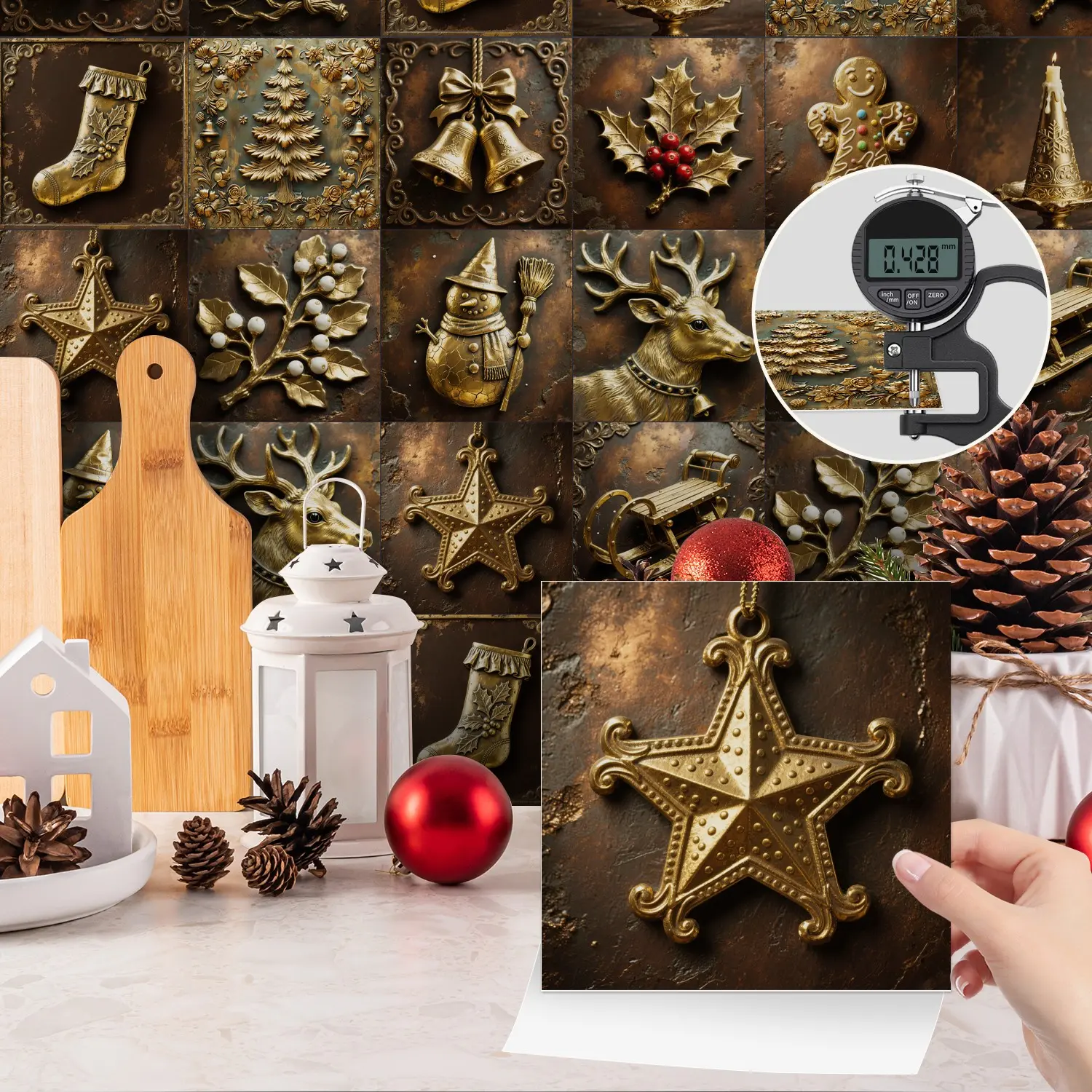 24PCS NHZ Vintage Metal Embossed Christmas Tile Stickers, PVC Crystal Film, Glossy Self-Adhesive Removable No Residue, Easy Clean for Kitchen Bathroom Home Decor