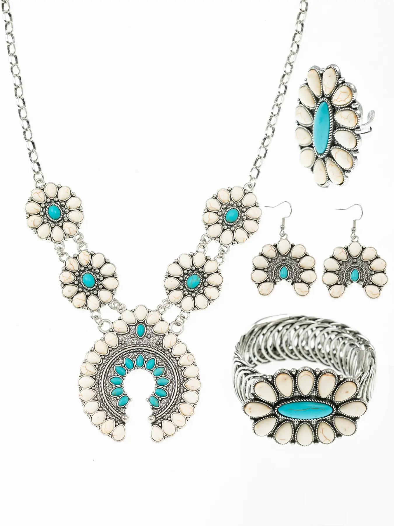 Western Turquoise Squash Blossom Necklace Set - 5Pcs Vintage Silver Naja Pendant, Earrings, Cuff Bracelet & Ring - Southwestern Native American Inspired Jewelry for Cowgirl Gifts