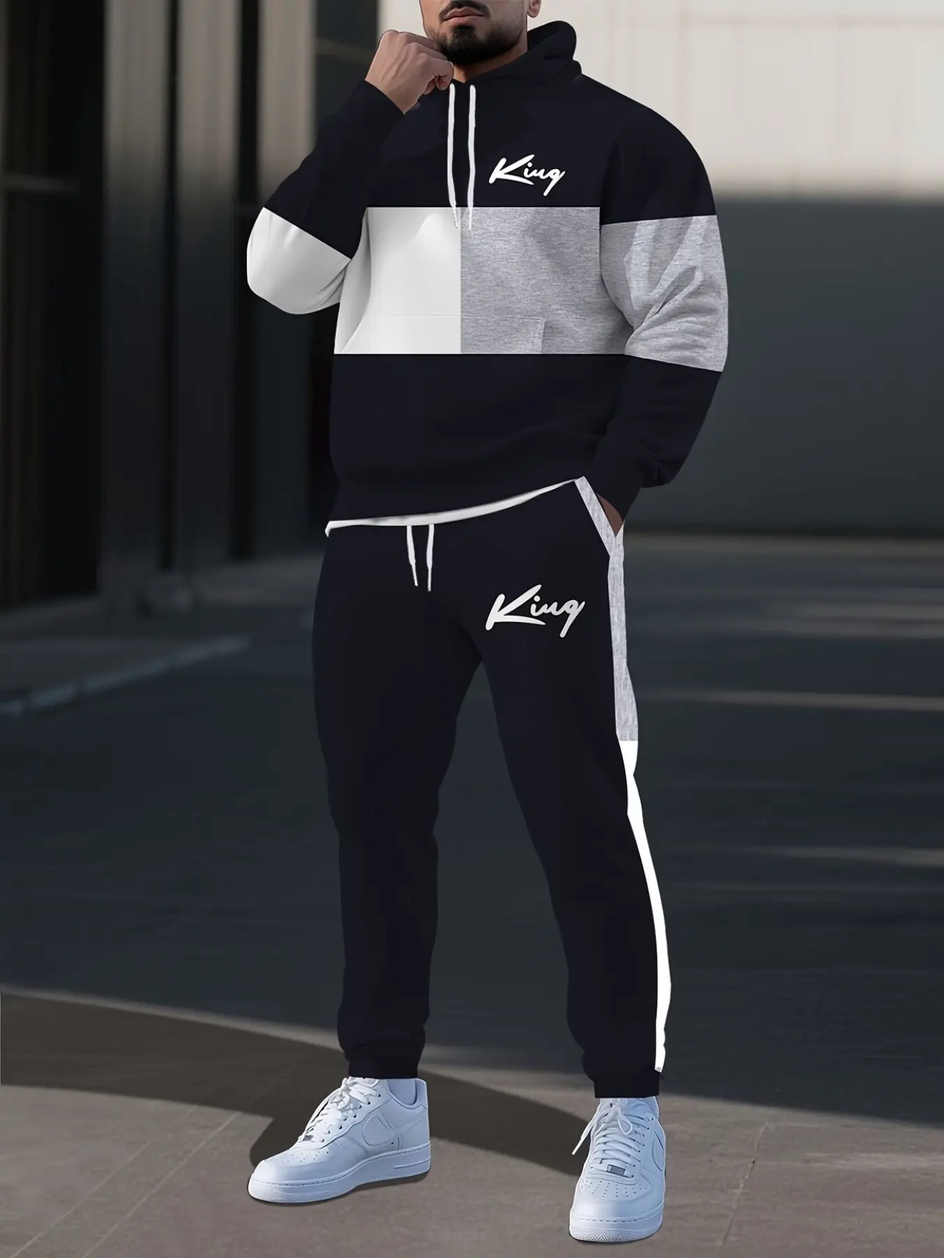 Autumn-Winter / Striped Patchwork Printed Fashion Sports Hoodie Set, Casual Long Sleeve Fitted Pants, Letter Signature Pattern, Letter Print Sweatsuit, Casual Tracksuit Set
