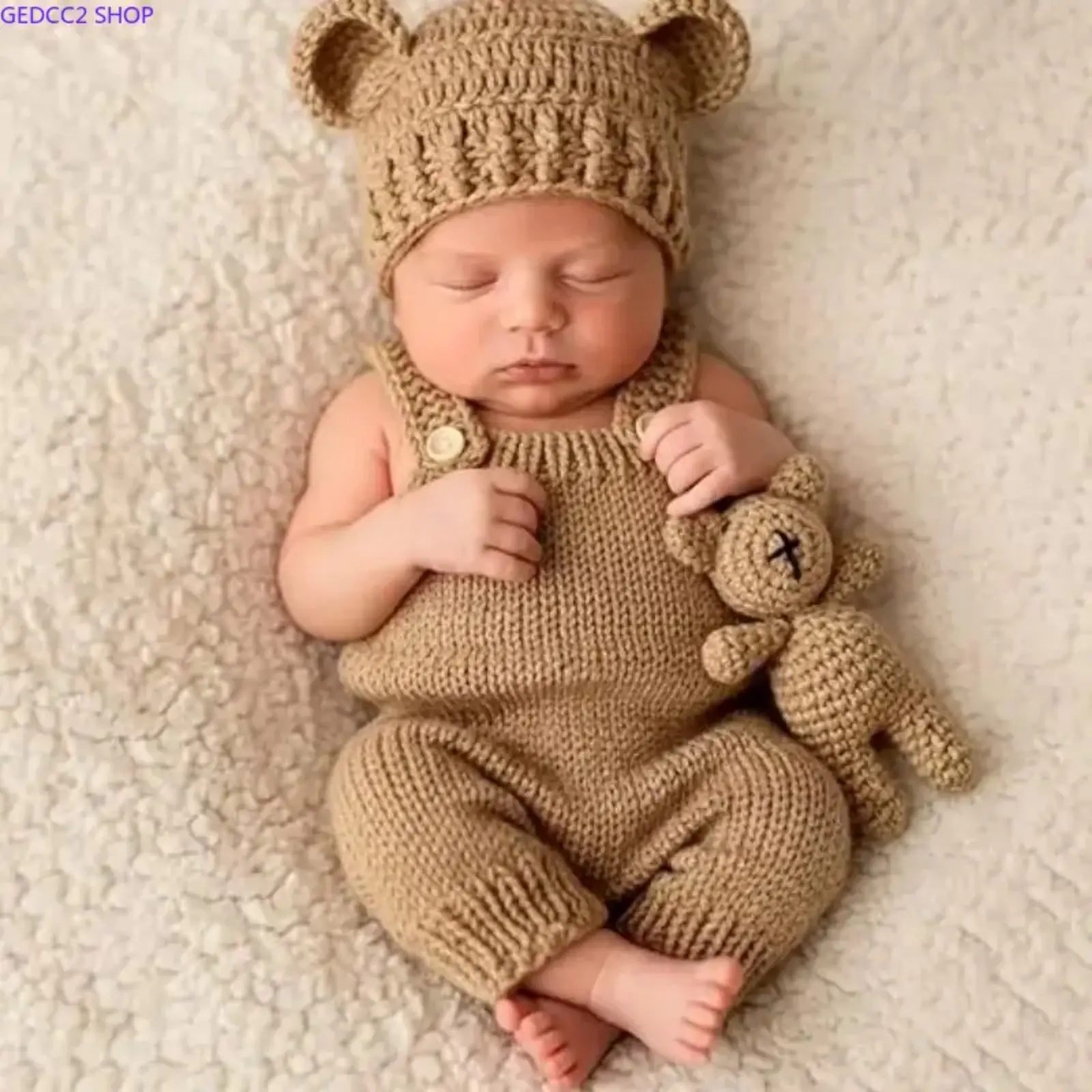 3PCS Newborn Baby Bear Romper Set, Knitted Photography Outfit & Photo Props for Baby Boys and Girls, Cute Cozy Baby Shower Gift
