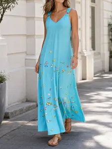 New Summer Women's Butterfly Print Halter Long Dress, V Neck Loose a Line Elegant Fashion, Casual Office Vacation Date Wear
