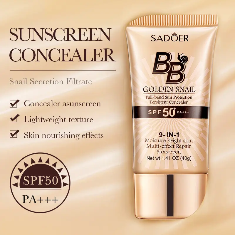 SADOER Gold Snail Sunscreen BB Cream, Lightweight Cosmetic, SPF50 PA++ Natural Coverage, Lightweight Coverage, UK SCPN Registered, Oil Control Moisturizing Foundation Concealer, 24H Waterproof Face Makeup, For All Skin Types
