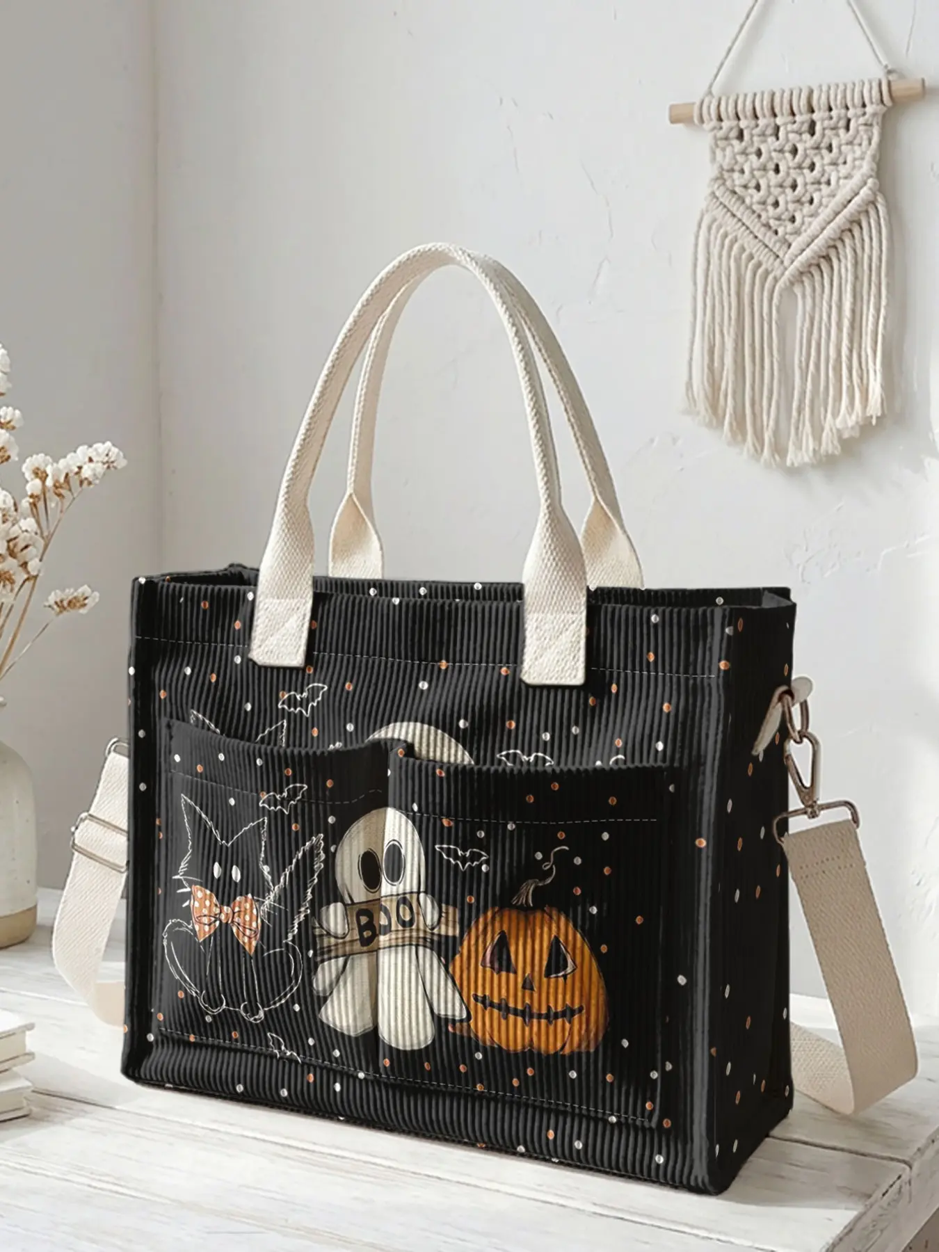 Halloween Ghost Pumpkin Print Travel Bag, Daily Travel Bag, Large Capacity Durable Crossbody Shoulder Bag, Multi-Pocket Design for Work/shopping/camping