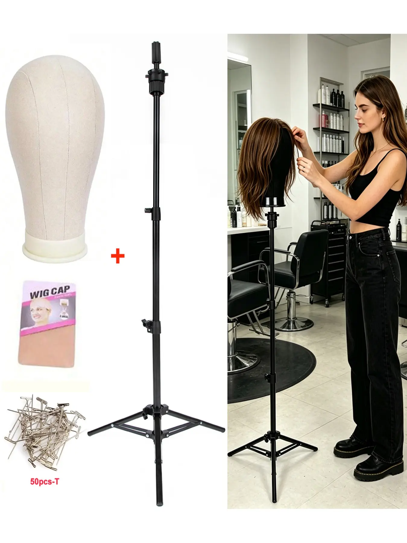 110cm Wig Folding Stand with Canvas Head, Includes Wig Mesh Cap and Box Shaped T-Needles, Ideal for Hair Styling and Display, Styling Tools, Foldable Wig Stand