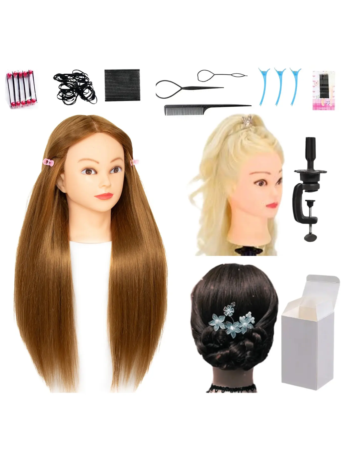 Female Synthetic Hair Training Mannequin Head 26‑28 Inch Super Long Straight Hair Light Skin Manikin Head With Desktop Clamp And Complete Braiding Accessory Kit For Salon And Household Hair Practice Use
