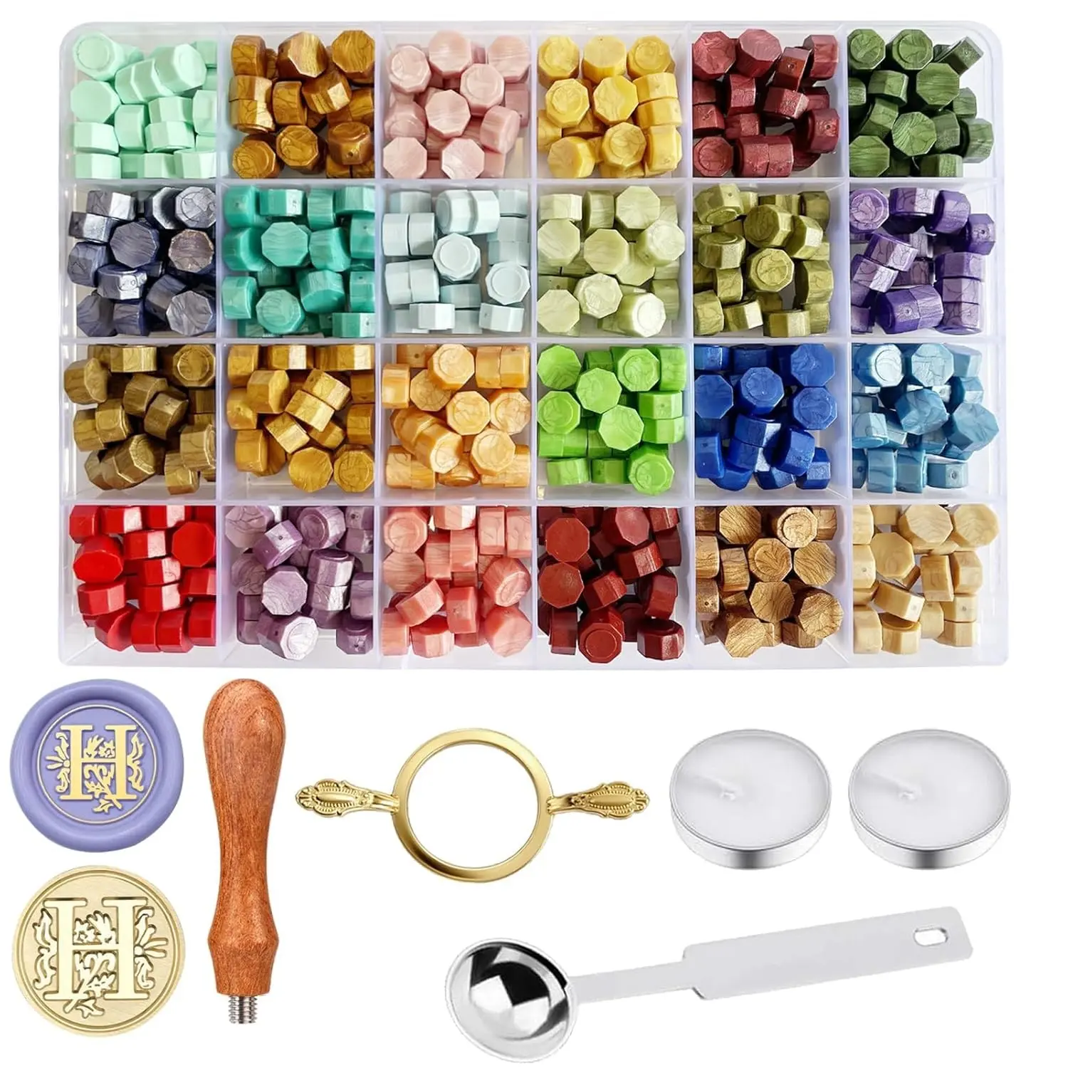 Wax Seal Stamp Kit - Sealing Wax Beads in 24 Colors with Personalized Letter Stamp,Steel Melting Spoon,Tea Candles and Round Molds – Perfect for Wedding Invitations,Envelopes(H)