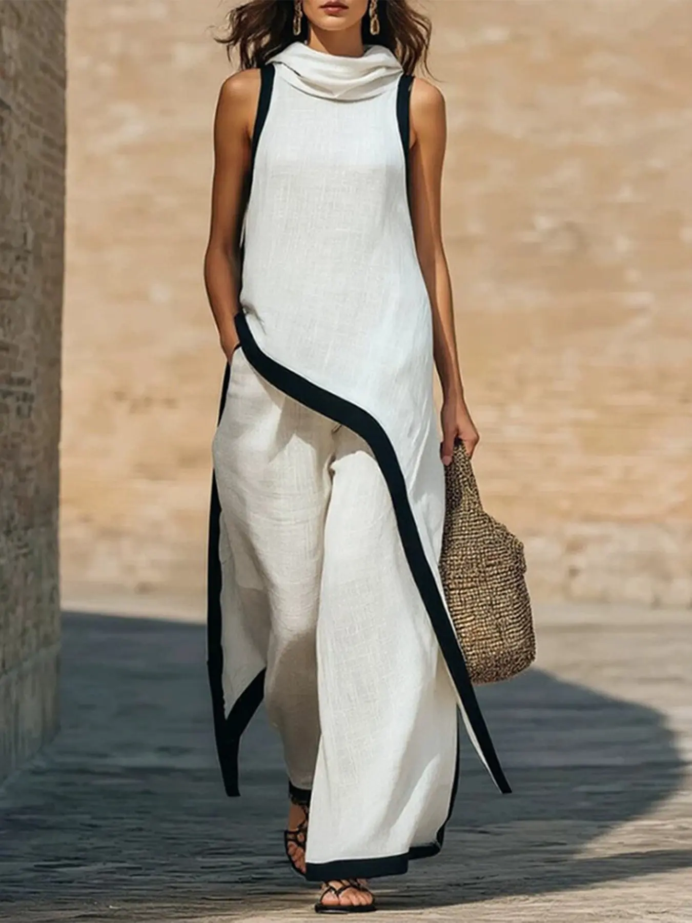 Women's Asymmetrical Cut Elegant Hooded Colorblock Loose Baggy Oversize Vest Top and Long Pants Set, Stylish Two-Piece for Casual Wear