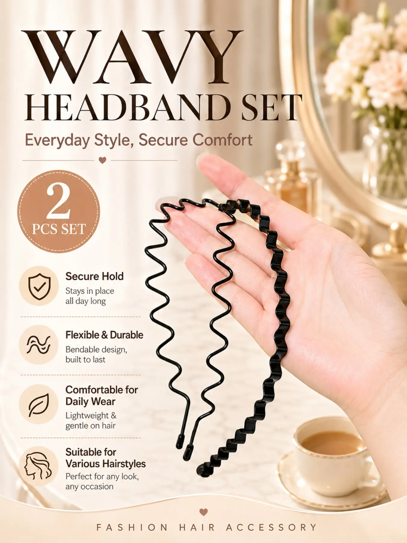 2PCS Invisible Wave Headbands for Women and Men, Non-Slip Stretch Hair Bands, Soft Elastic Hair Hoops for Flyaways, Curly Hair and All Hair Types, No-Crease Styling Accessories