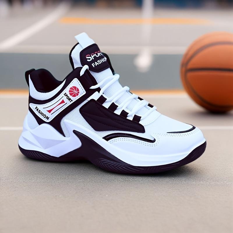 Men's-Top Basketball Sneakers - White with Red Accents, Lace-Up, Rubber Sole, Casual & Training All-Season Shoes