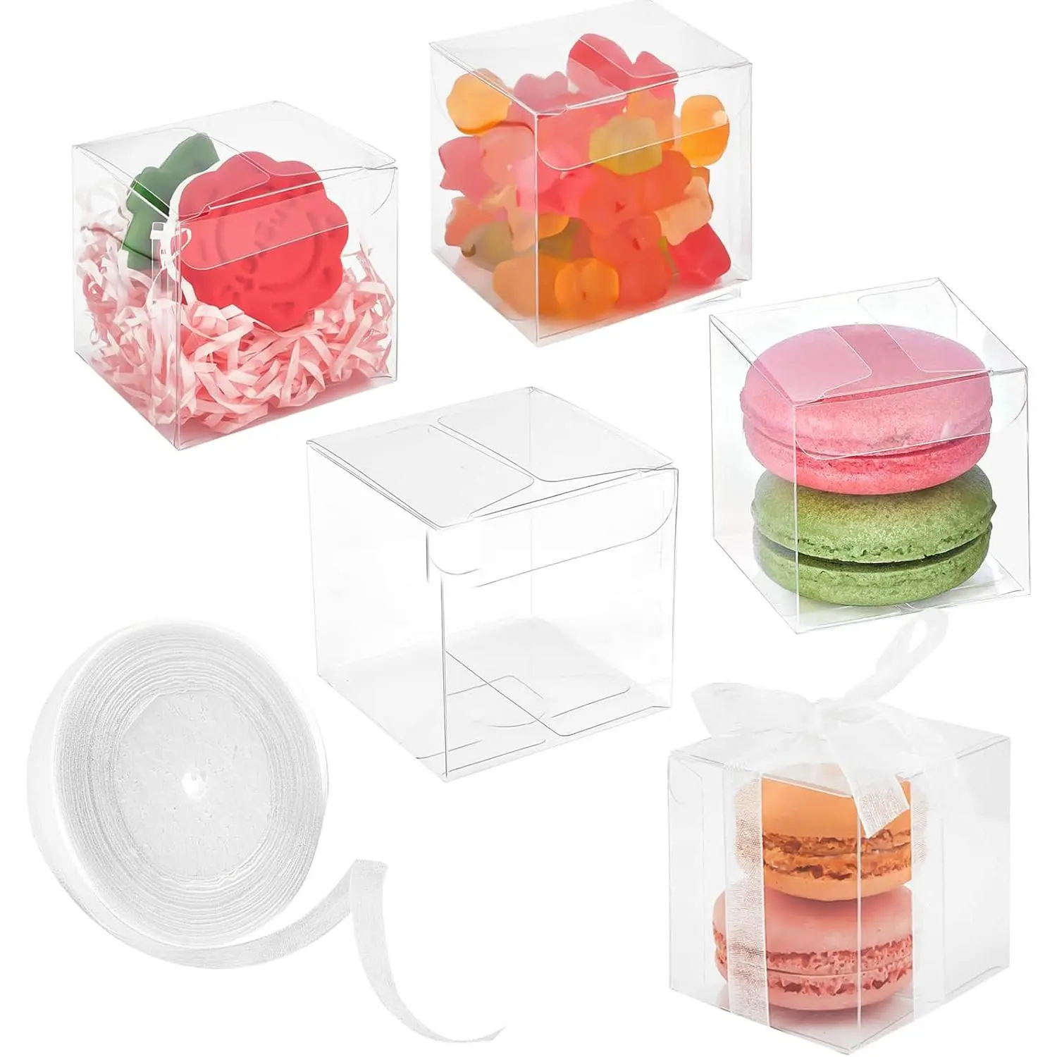 100 Pack 2x2x2 Inches Clear Favor Boxes with Ribbons, Mini Transparent Cube Treat Boxes for Candy & Chocolate Bomb, Plastic Individual Macaron Packaging Box