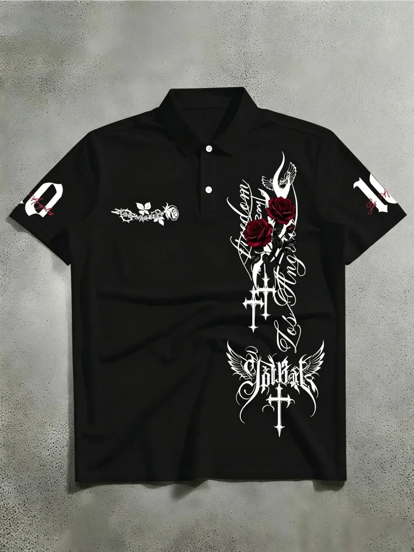Y2K Dark Streetwear Polo Shirt Men Black Red Rose Accent Print Gothic Typography Cross Wing Graphic Button Placket Short Sleeve Collared Soft Comfy Casual Top For Concert Skate Hangout Office Street Style
