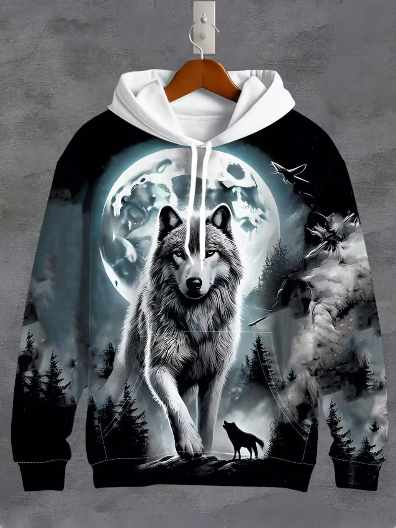 3D Men's Wolf Pattern Long Sleeve Hooded Pullover, Drawstring Pockets, Sporty Loose Fit, Spring & Fall Fashion Jacket