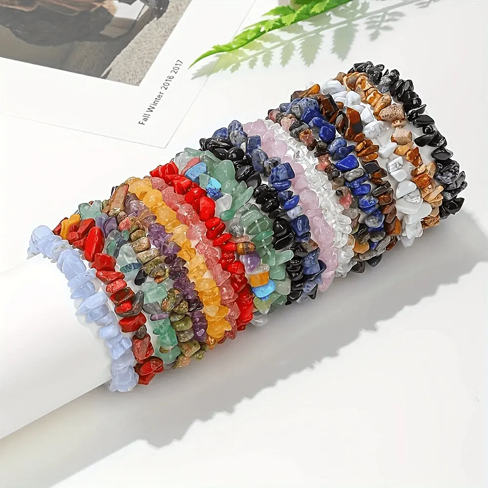 Women's 13pcs Natural Crystal Stone Beads Bracelet Kit - Stretch Elastic String Bracelets with Multi-Type Quartz Gemstones, Casual Hand Jewelry, Ideal for Daily Wear or Christmas Gift