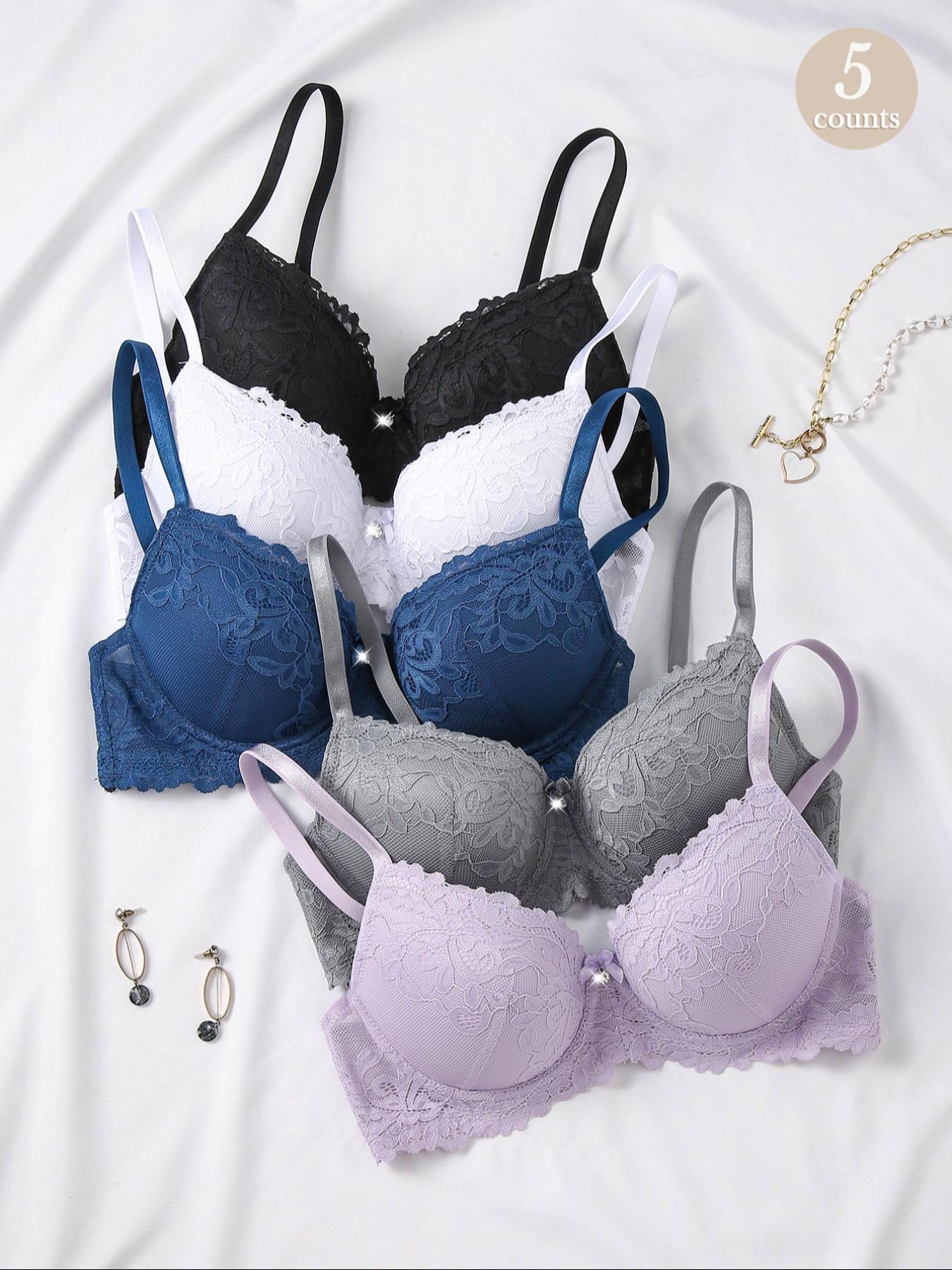 Women's Floral Lace Underwired Molded Bra with Bow and Adjustable-Straps, Comfortable Breathable Medium Push-Up Bra for Women, Lingerie for Daily Wear