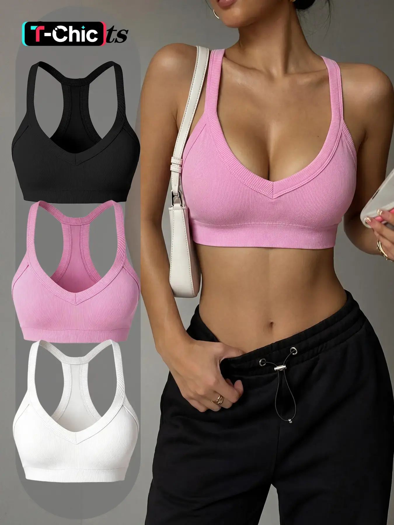 Women's V-Neck Racerback Sports Bra Workout Bras Exercise Bra Athleisure Bra, Sewn-In Pads, Push-Up & Shockproof, Ribbed Fabric, Ideal for Gym Workouts & Daily Layering