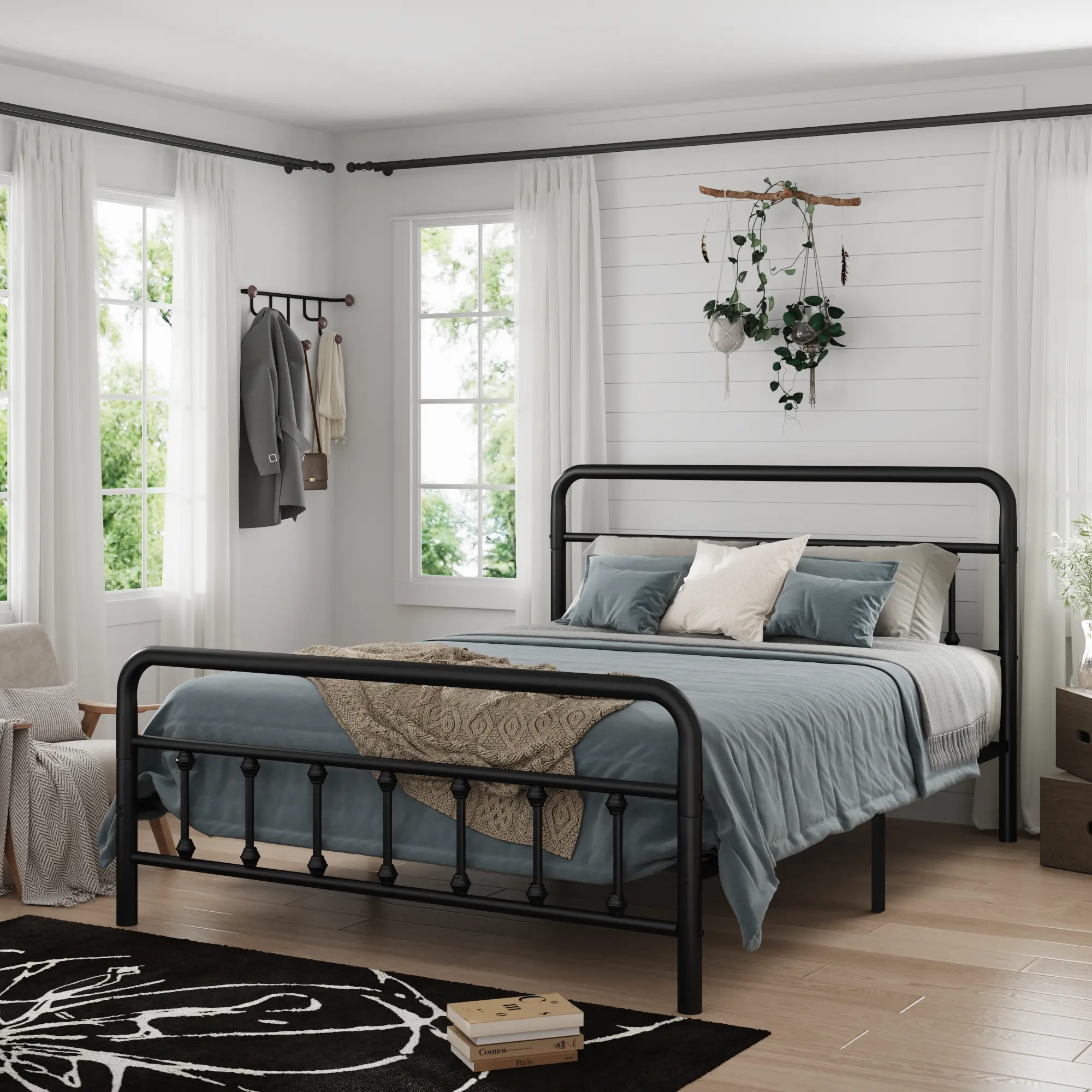 Nokaa Queen Size Metal Bed Frame with Headboard, Heavy Duty Steel Platform, No Box Spring Needed, Under Bed Storage, Black, Sturdy Support for Mattress, Bedroom Furniture