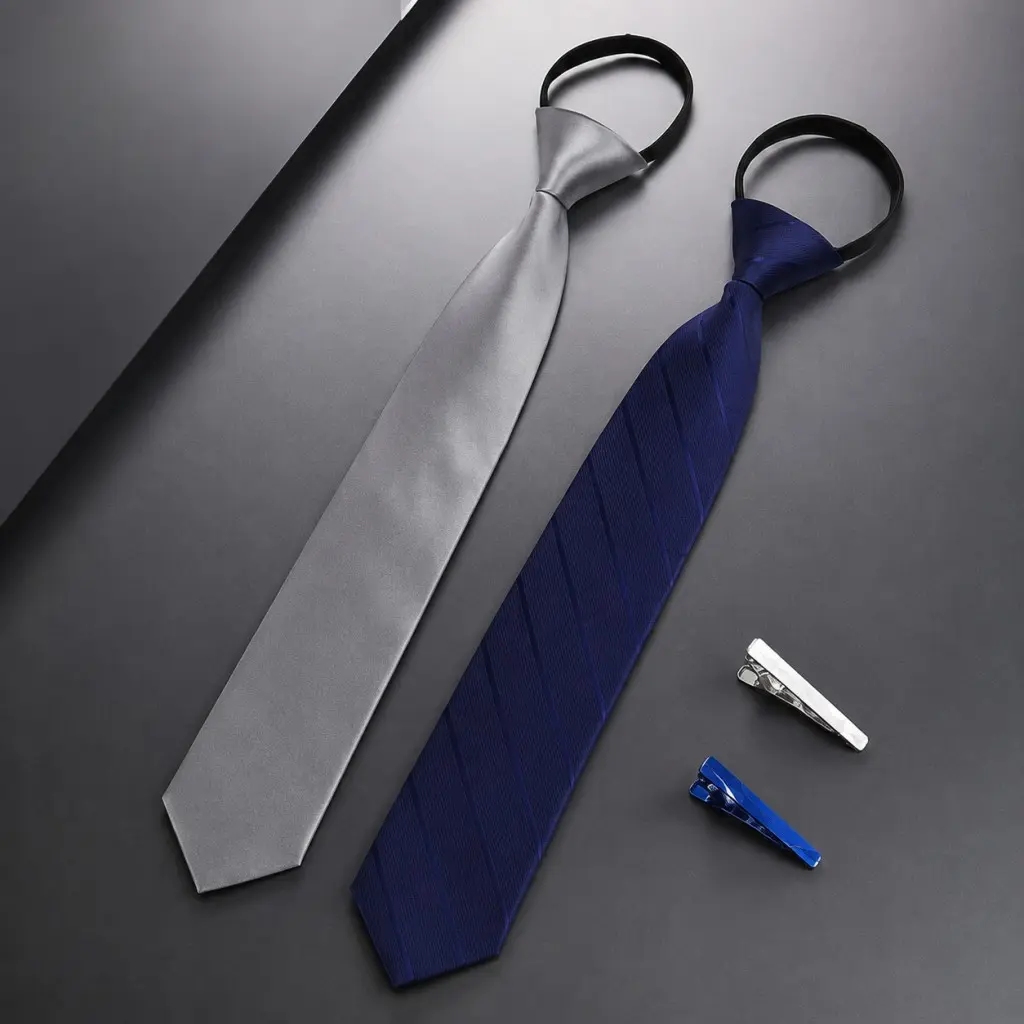 Men’s 2-Pack 8CM Width Satin Pre-Tied Zipper Lazy Neckties, Wrinkle-Resistant Polyester Quick-Wear Zip-Up Accessories With 2 Metal Tie design Clips For Business Office Wedding Formal Suits