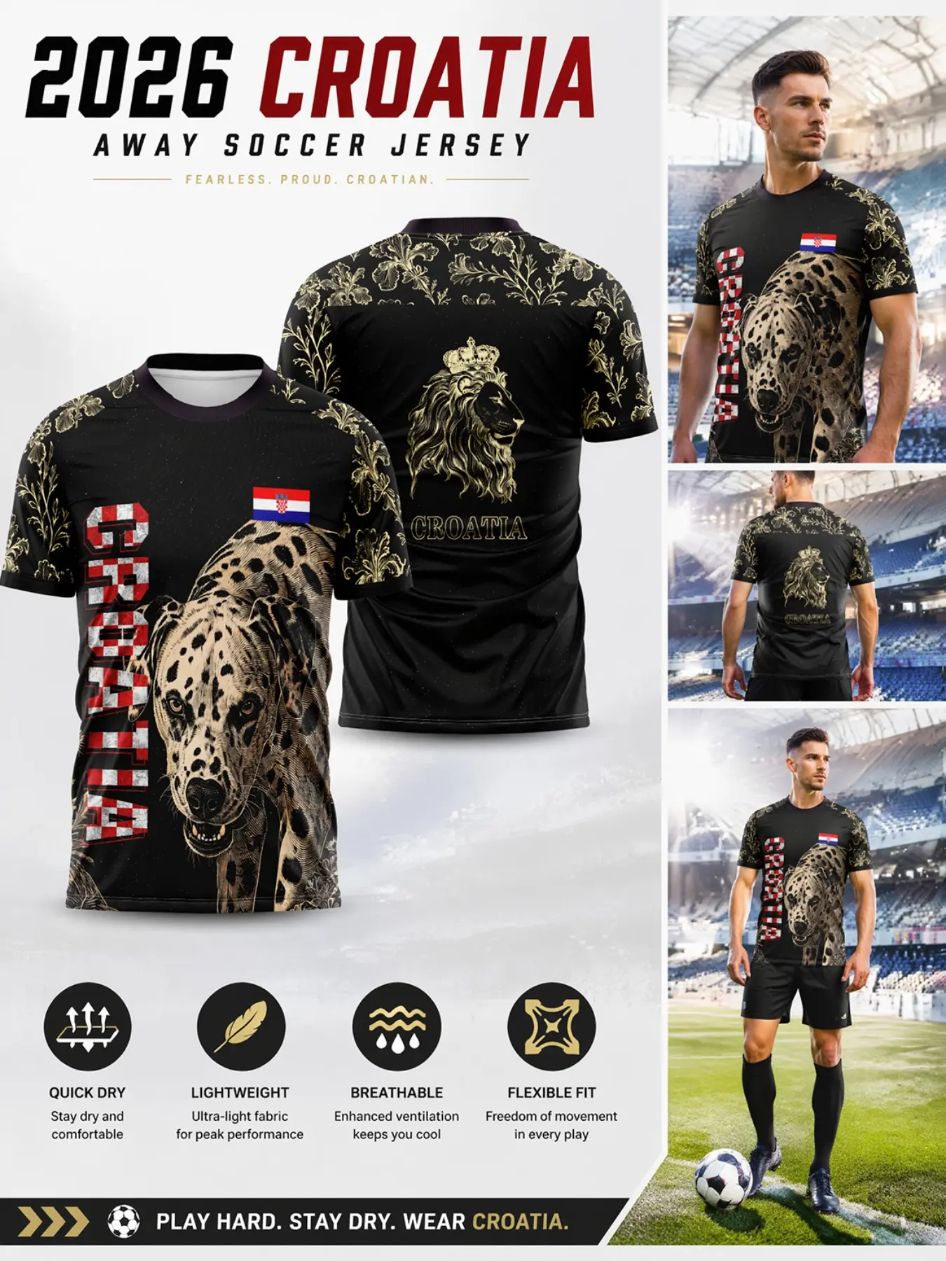 2026 Croatia Gold Flower Men's Soccer Jersey, Sporty Slim-Fit Quick-Dry Breathable Football Shirt, Royal Crown Lion Hooded Sleeve Fan Gear