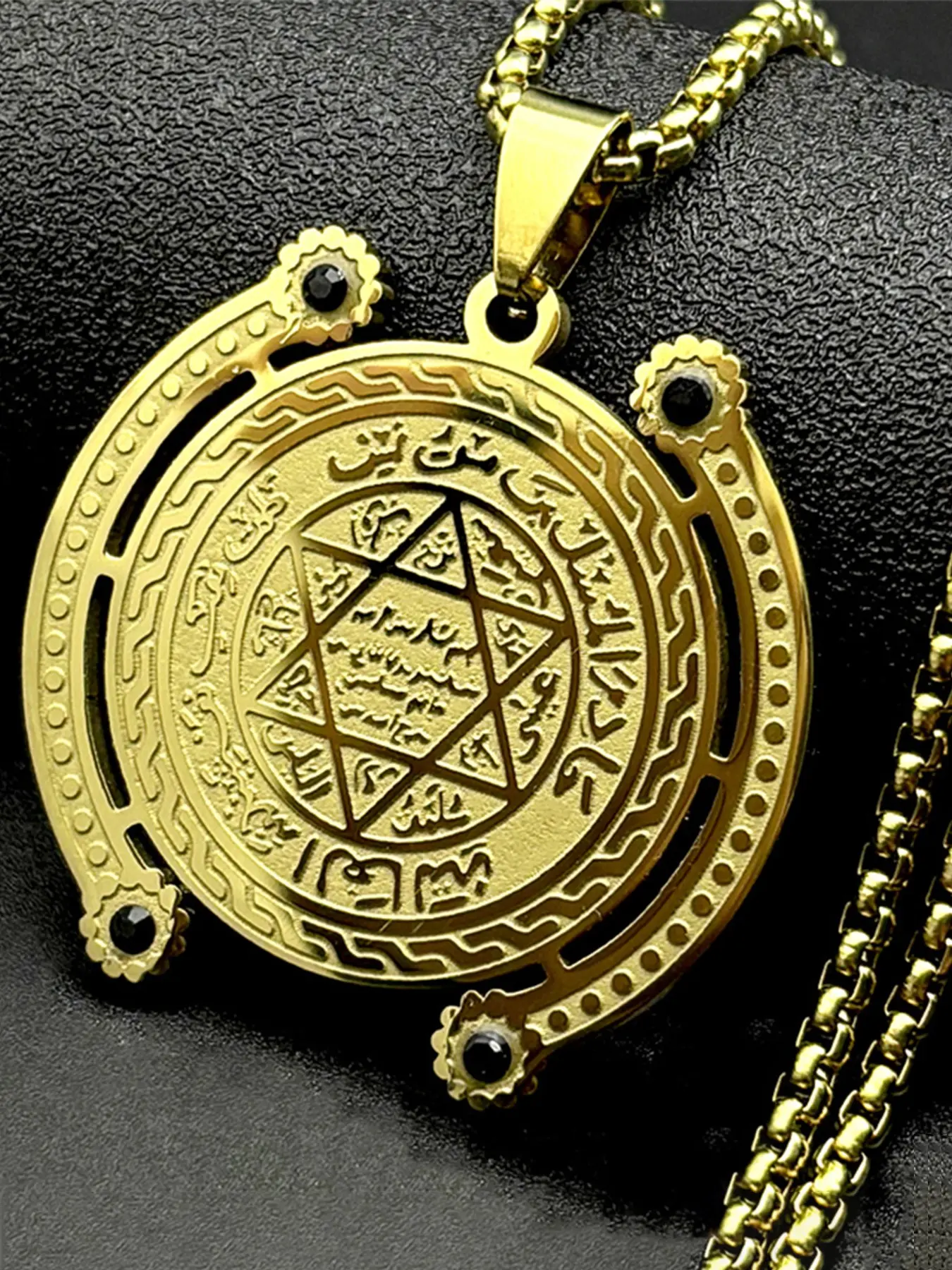 Star of David Hexagram Islamic Arabic Quran Muslim Stainless Steel Pendant Necklace for Women Men Rhinestones Amulet