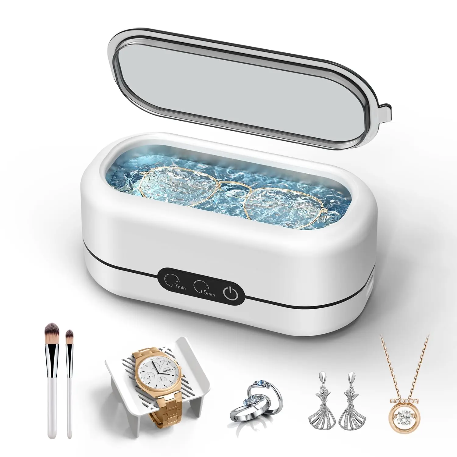 Ultrasonic Jewelry Cleaner 48KHz Ultrasonic Cleaner Machine for Jewelry Eyeglasses Rings Watch Straps Dentures, Dual Modes, Stainless Steel 304 Tank, Compact White Home Use