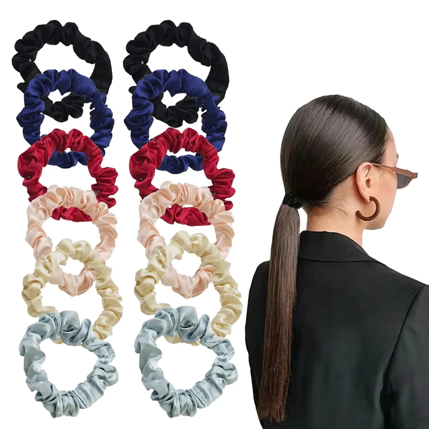 12-Pack Black Satin Silk Hair Scrunchies - Soft Stylish Silk Hair Accessories, Bands, Ties, and Ropes for Women and Girls, -Free, Stylish Hair Accessories for Everyday & Gifting