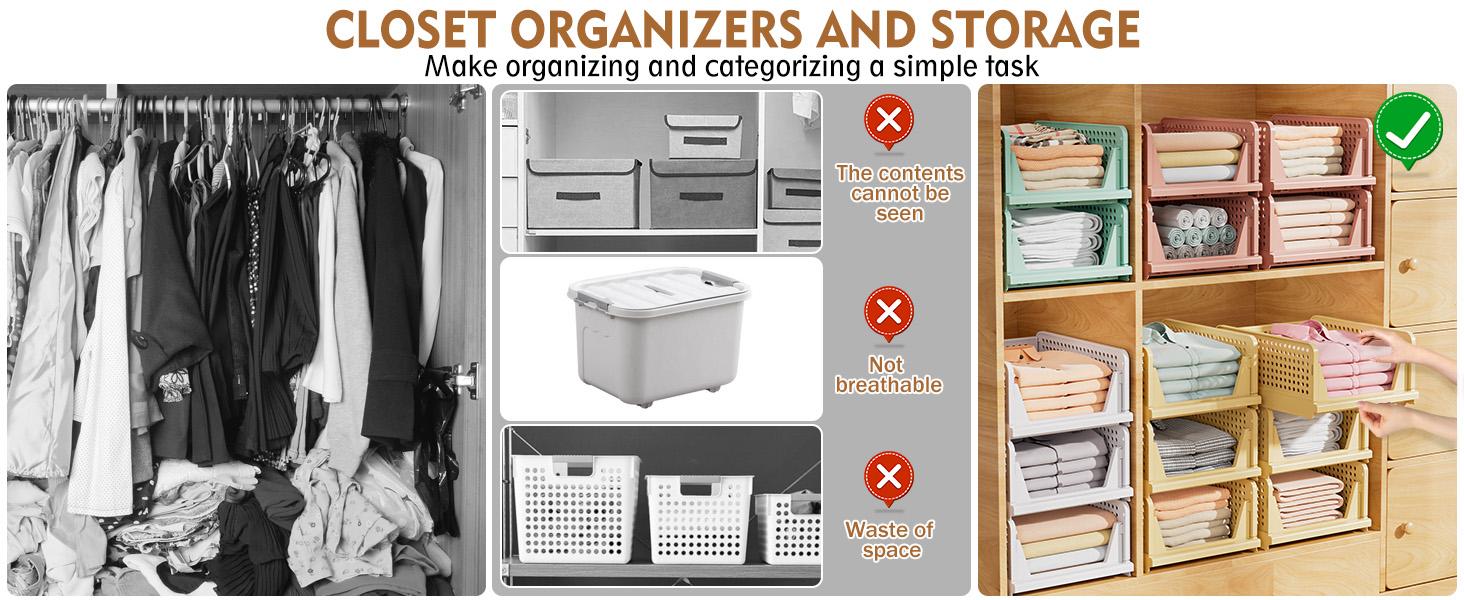 SNSLXH 5 Pack Stackable Closet Storage Basket, Multifunctional & Foldable Closet Organizer for Bathroom Kitchen Laundry Room Wardrobe Storage, Space-Saving Clothes Storage Drawer Organizer, White