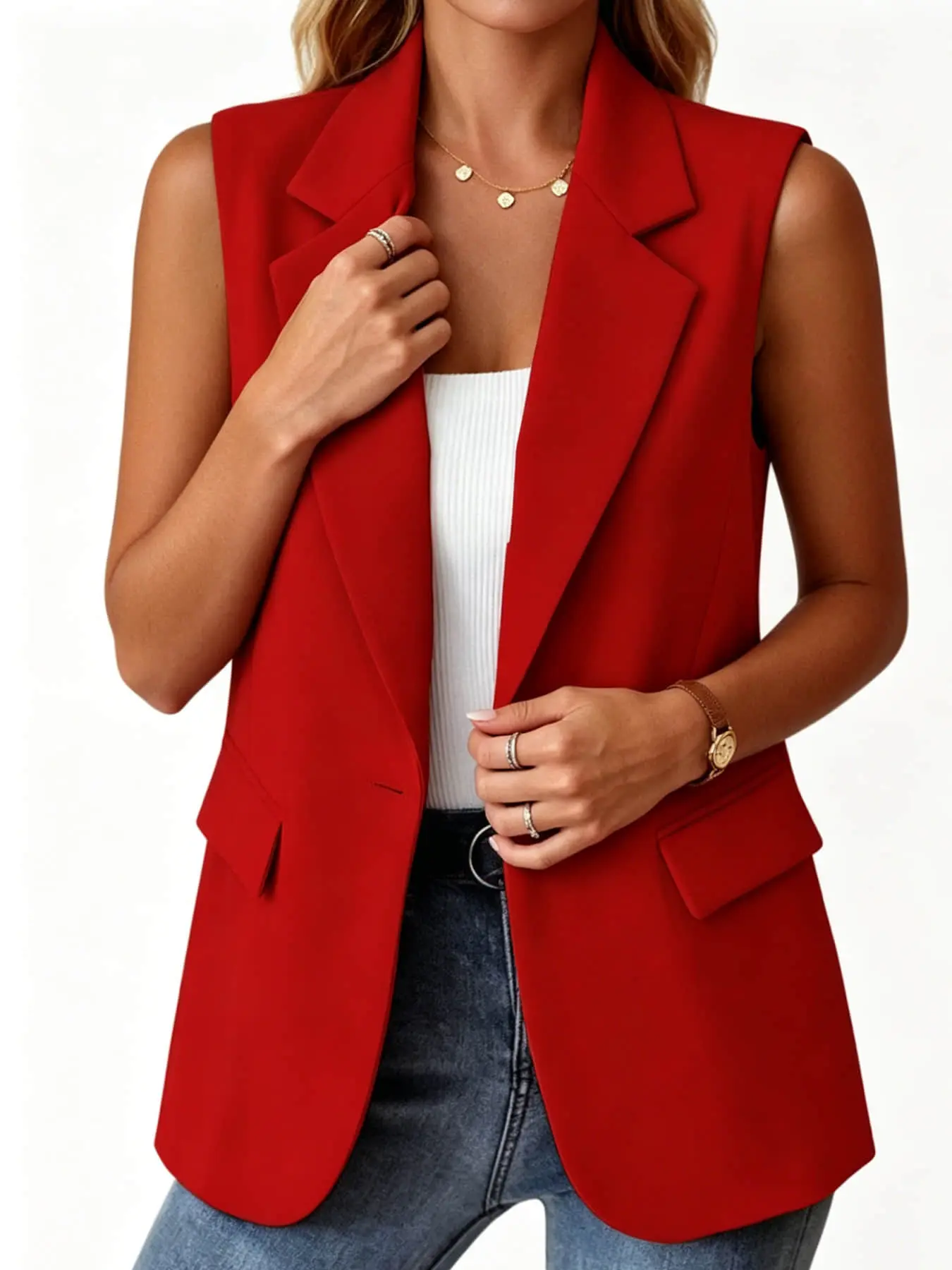 A women's fashionable and high-end commuting button vest tops with a sleeveless lapel and single button design, suitable for summer, workplace, business, dining, and city strolling.
