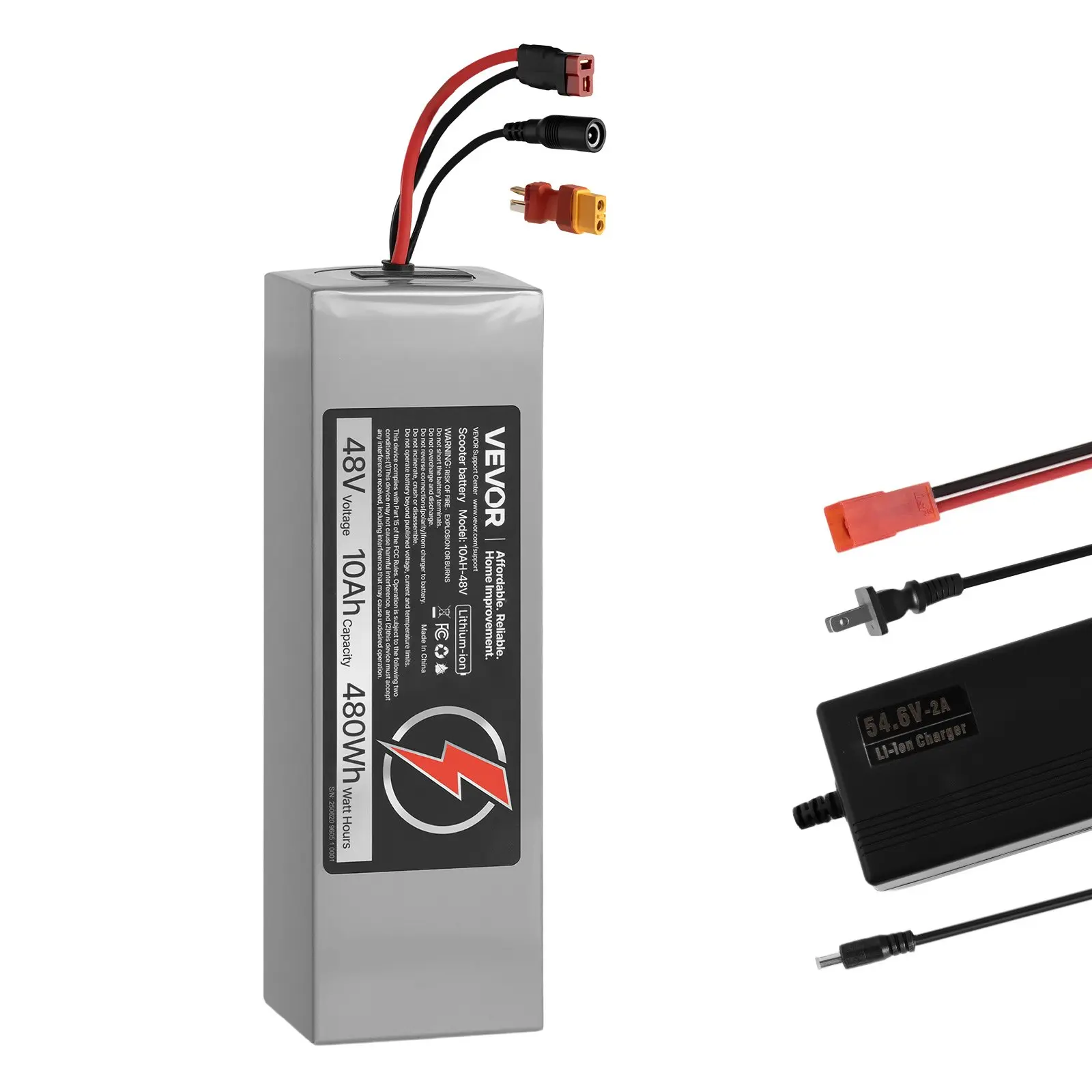 VEVOR 48V 10Ah Lithium Pack, High Cycle Life Electric Scooter Battery with 30A BMS, Charger, T-Plug Cable, Compatible with 2400W Motors for Electric Bikes, Scooters, Includes Charger