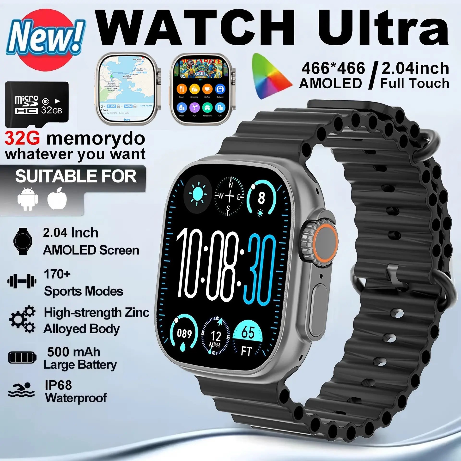 Unisex Smartwatch with 2.04-Inch Touchscreen, Message Alerts, Step Counter, Alarm, Timer, Music Control, Compatible with iOS & Android