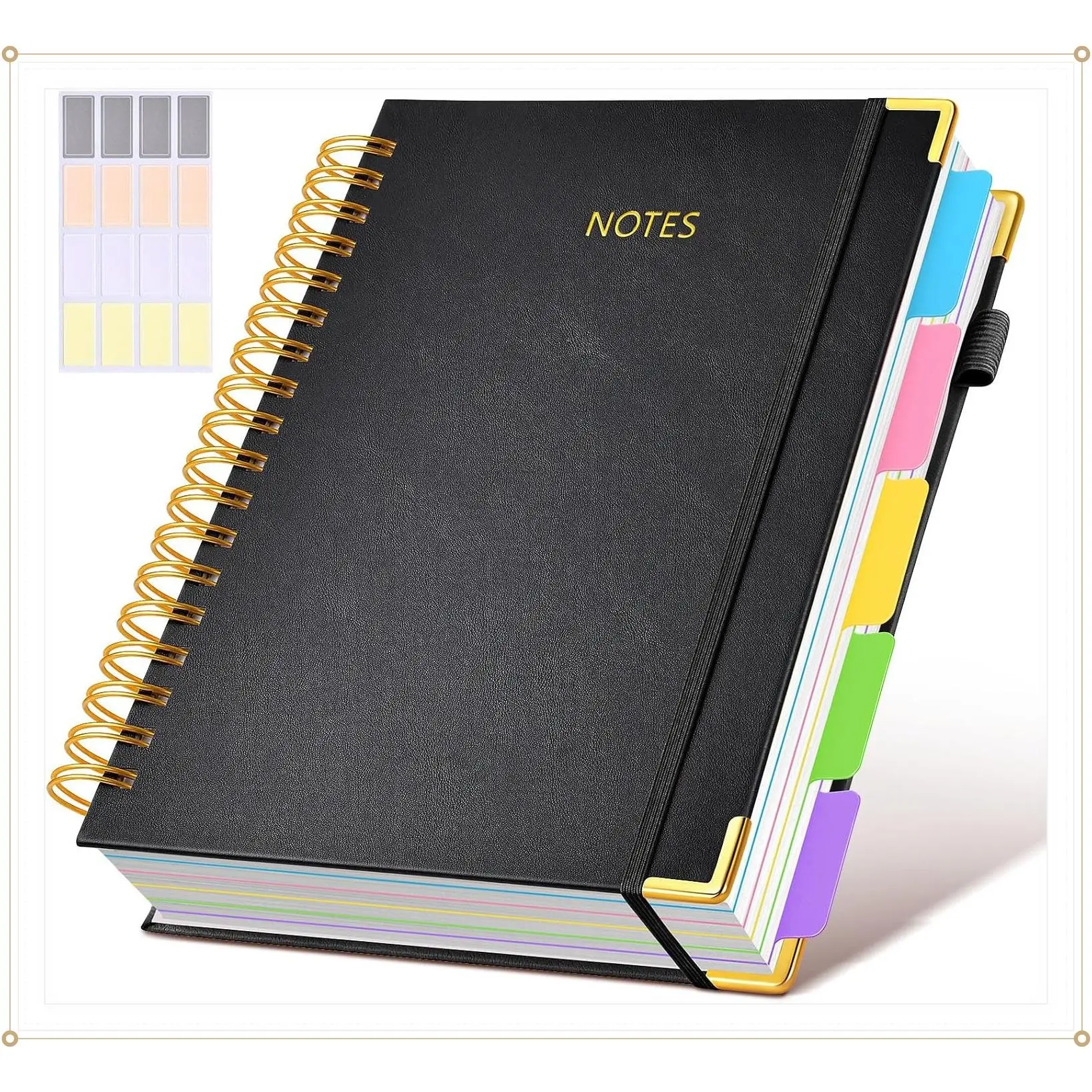 Hardcover Spiral Notebook with Removable Divider Tabs, 300 Pages 5 Subject College Ruled, 8"x10" Large B5 Leather Journal for Work School Note Taking - Lined Notebook for Women, BlackGift