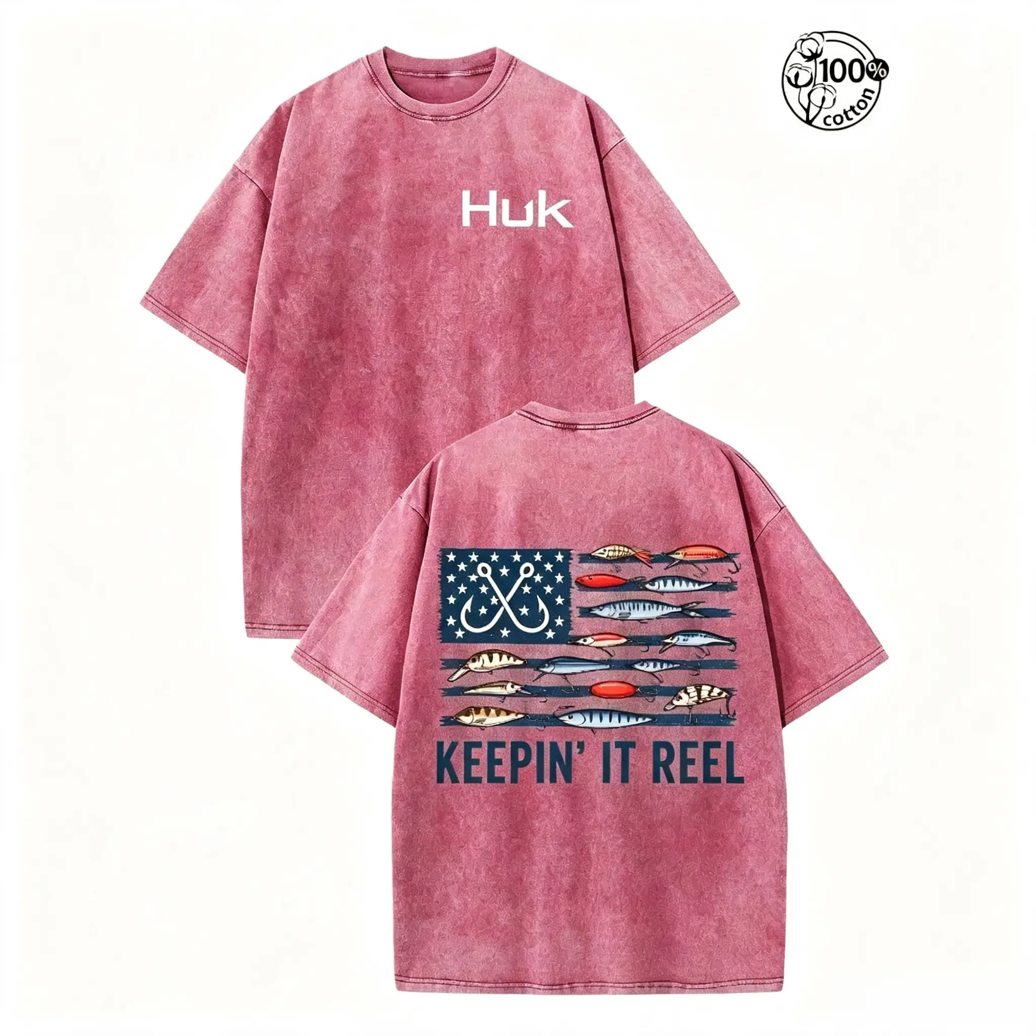 HUK "Keepin’ It Reel" Vintage Washed Fishing T-Shirt – American Flag Bass Lure Graphic Tee for Men, Oversized Outdoor Shirt, Gift for Anglers