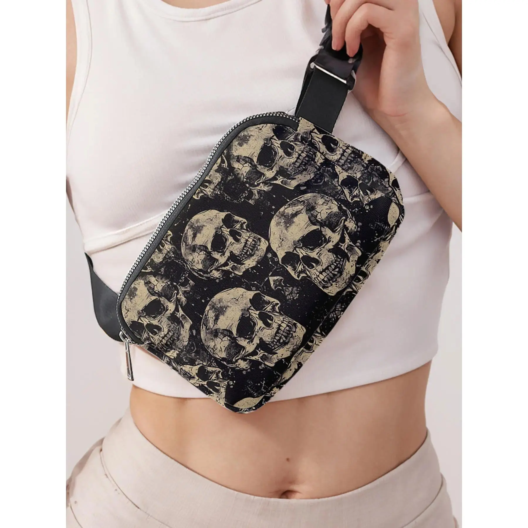 Women’s Skull Graphic Punk Edgy Bum Bag - Adjustable Strap, Zipper Pocket, Lightweight Crossbody Sling Bag for Travel, Festivals, Sports & Everyday Carry, Adjustable Shoulder Strap, Bold Skull Print, Accessories For Women, Crossbody Bag