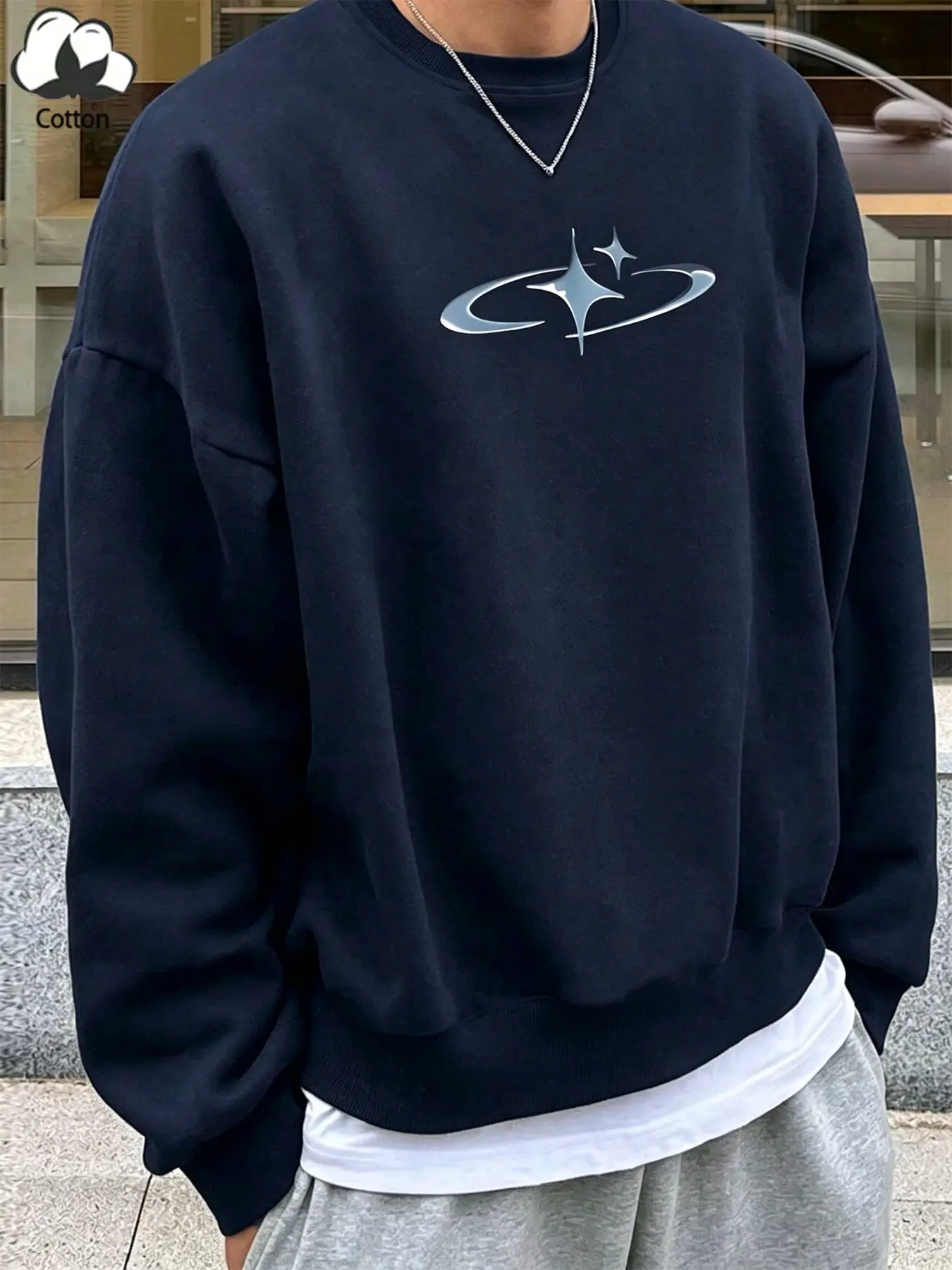 Unisex Multi-Color Star Ring Starburst Mini Logo Crewneck Sweatshirt Cotton Cleanfit American Casual Oversized Pullover Top