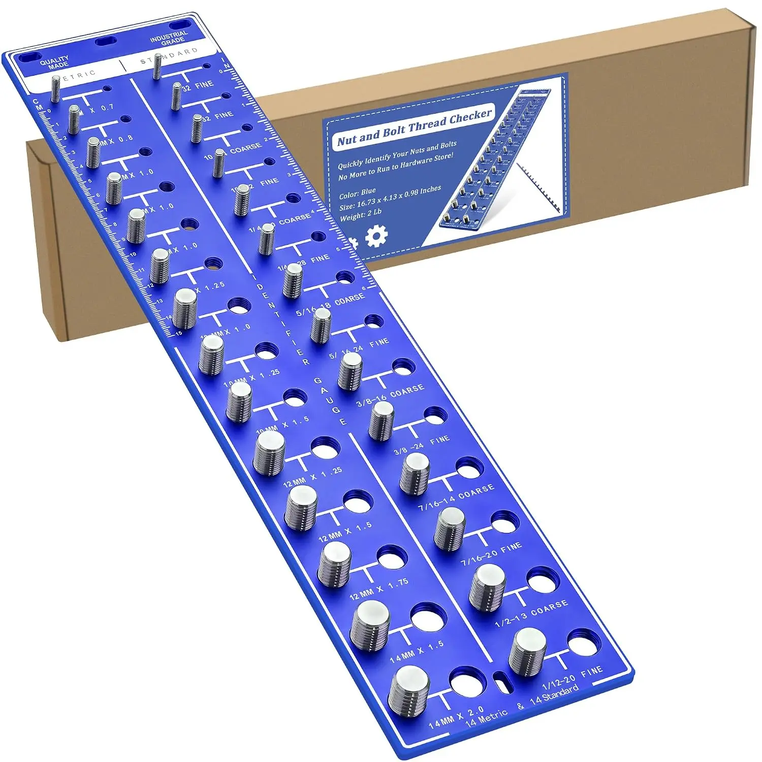 Thread Checker, 28 Nut and Bolt Thread Checker, 14 Metric & 14 Standard Sizes, Bolt Nut Identifier Gauge with Inch and Centimeter Ruler, Solid  Bolt Size Board and Thread Gauge, Blue