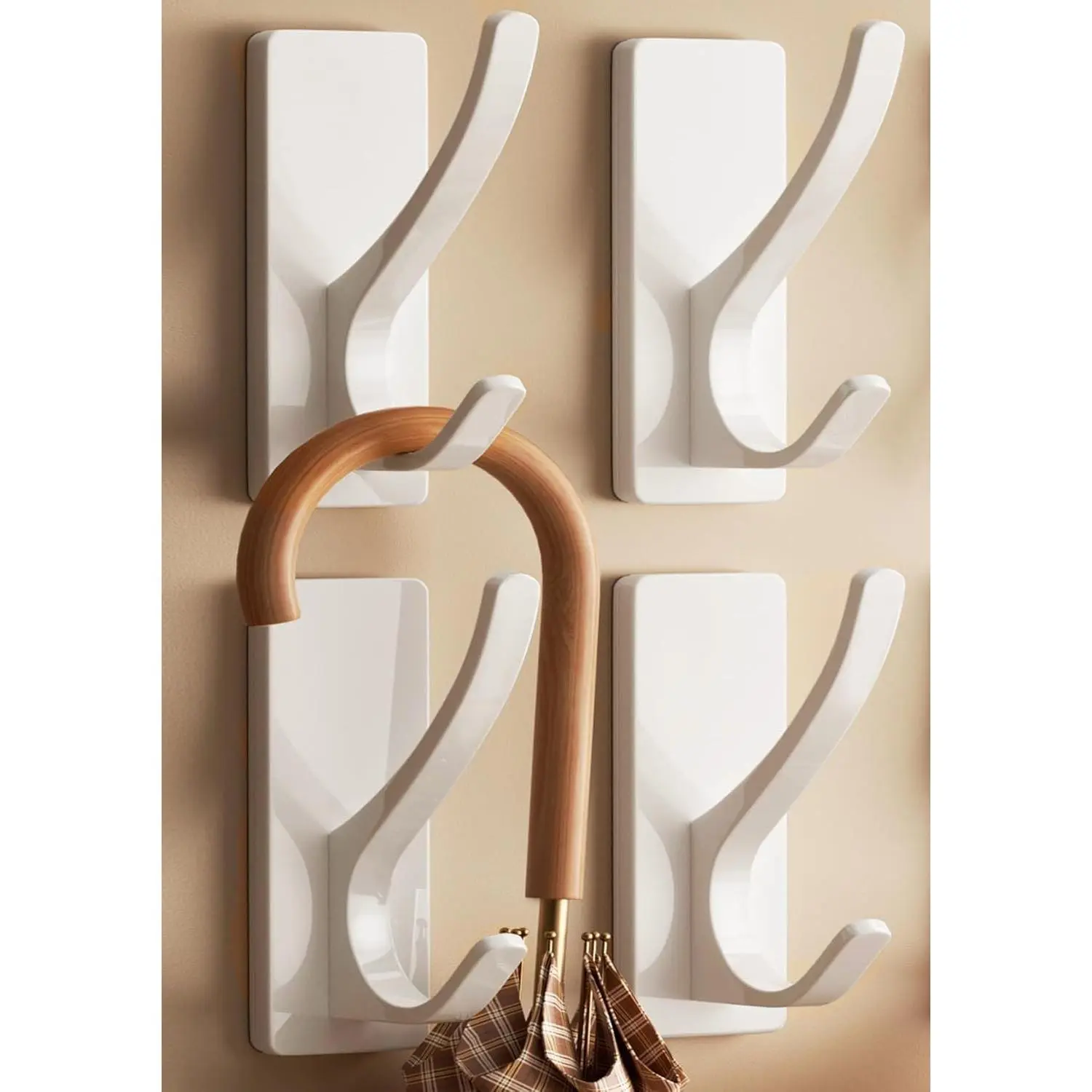 White Self Adhesive Coat Hooks for Hanging: 13LB Extra Strong Stainless Wall Hook for Towel, Utensil, Backpack, Hat, Sturdy Metal Hanger for Bathroom, Kitchen, Door, 4-Pack