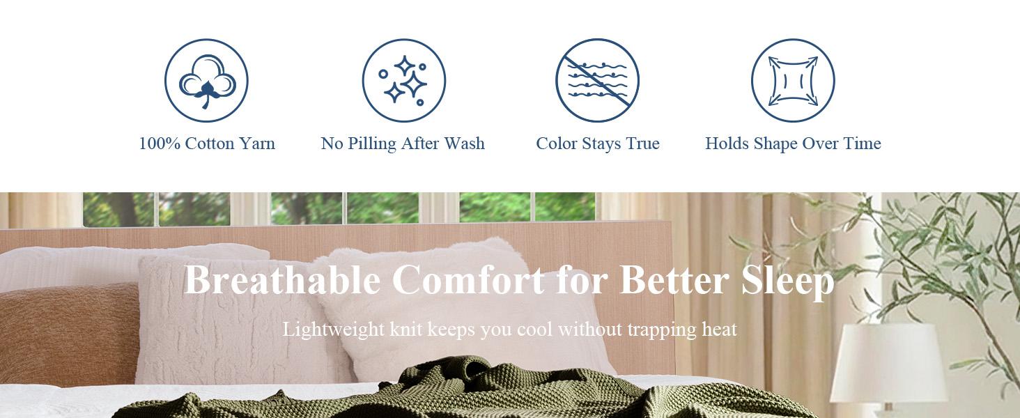 Blunique 100% Cotton Plain Knit Throw Blanket - Soft Cozy, Lightweight, Breathable Cable Knit - Decorative Blanket for Bed, Sofa - Home Decor Ideal Summer Gift