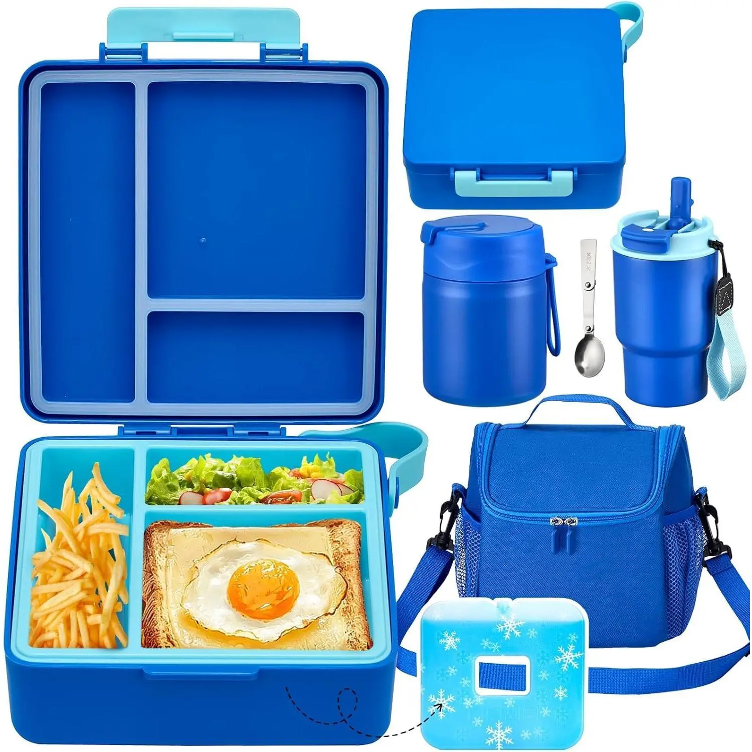 Multi-Functional Picnic Lunch Box Set with 17OZ Stainless Steel Soup Thermo, Kids Water Bottle, Portable Insulated Lunch Bag & Bento Box Container - Leakproof Seal, Hot/Cold Retention, Durable Tableware for Back to School, School Travel (Blue), Portable B