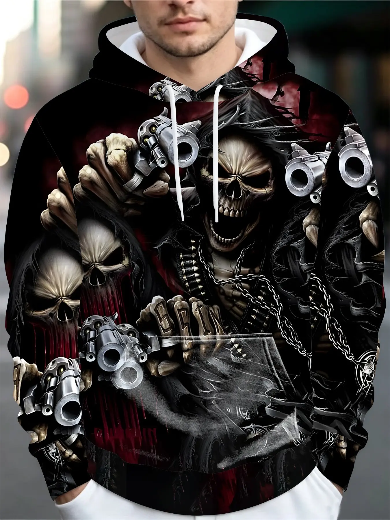 Men's Skull Pattern Gothic Hoodie, Casual Loose-Fitting Sweatshirt, Geometric Print, Fall & Winter Fashion, Sporty Style, Casual Sweatshirts, Casual Streetwear Sweatshirt, Casual Streetwear Hoodies