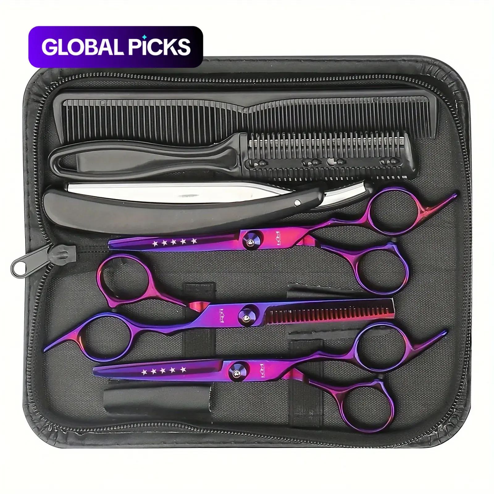 Professional Haircut Scissors Set, Stainless Steel Barber Tools Kit with Thinning Shears and Straight Razor, Barber Equipment #GLOBAL PICKS